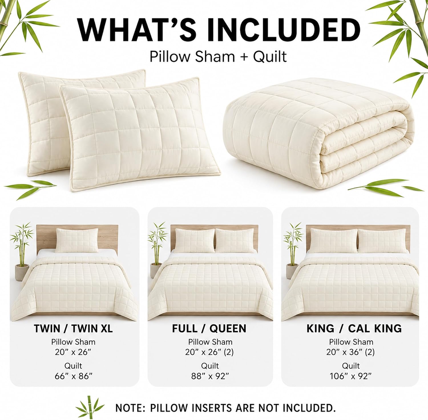 Cooling Quilt Set 100% Viscose from Bamboo Shell King, Ivory | 3-piece Lightweight Bedspread comforter set; OEKO Certified; Duvet Insert with Corner Loops for breathable bedding