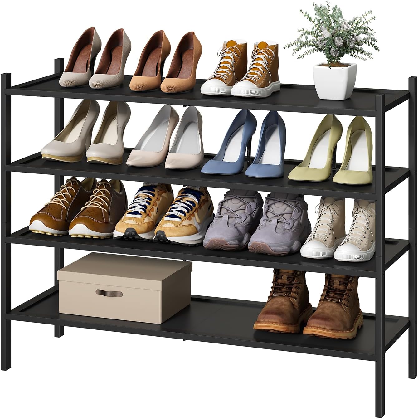 Black 4-Tier Bamboo Wood Shoe Rack, Stackable for Closet, Entryway & Hallway