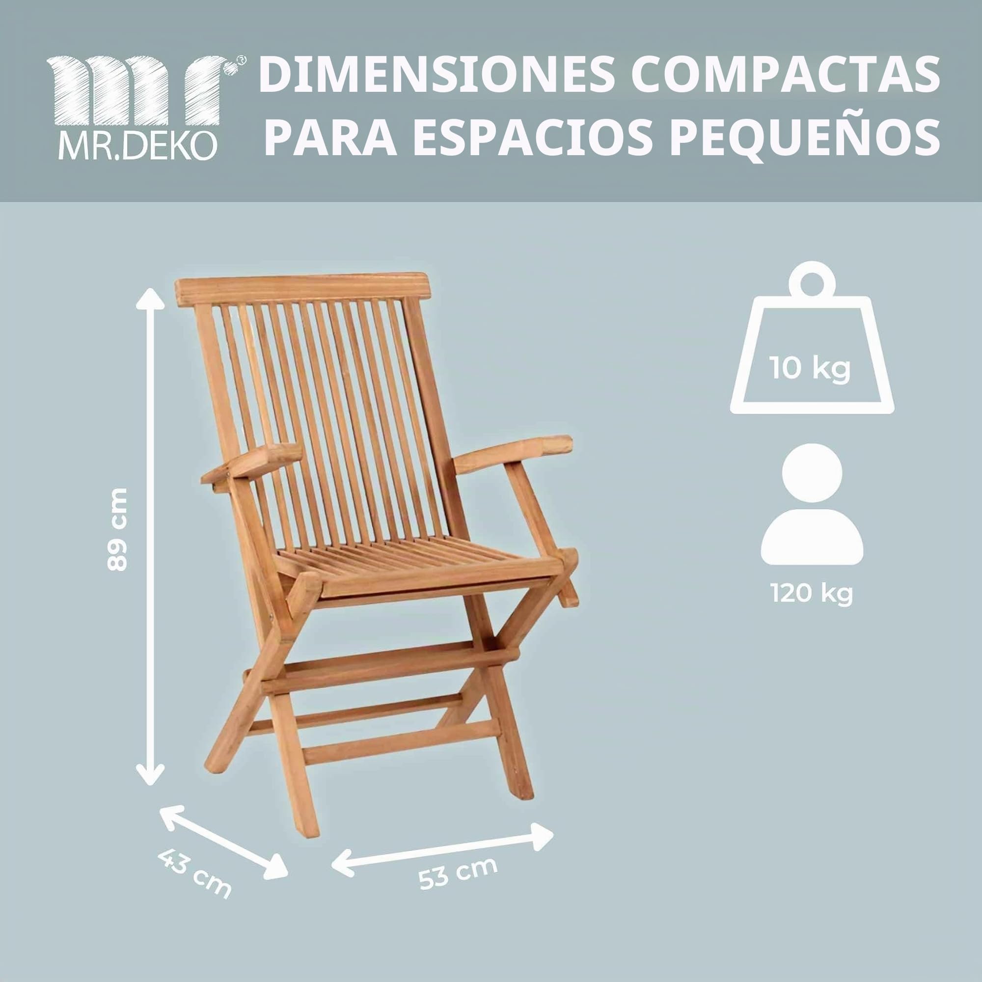 MR. DEKO Silla de Jardín Madera Teca Maciza Andover | Sillón Plegable Exterior con Reposabrazos Resistente Intemperie | Silla Terraza Balcón Camping Diseño Ergonómico Clásico 60x53x89cm Natural
