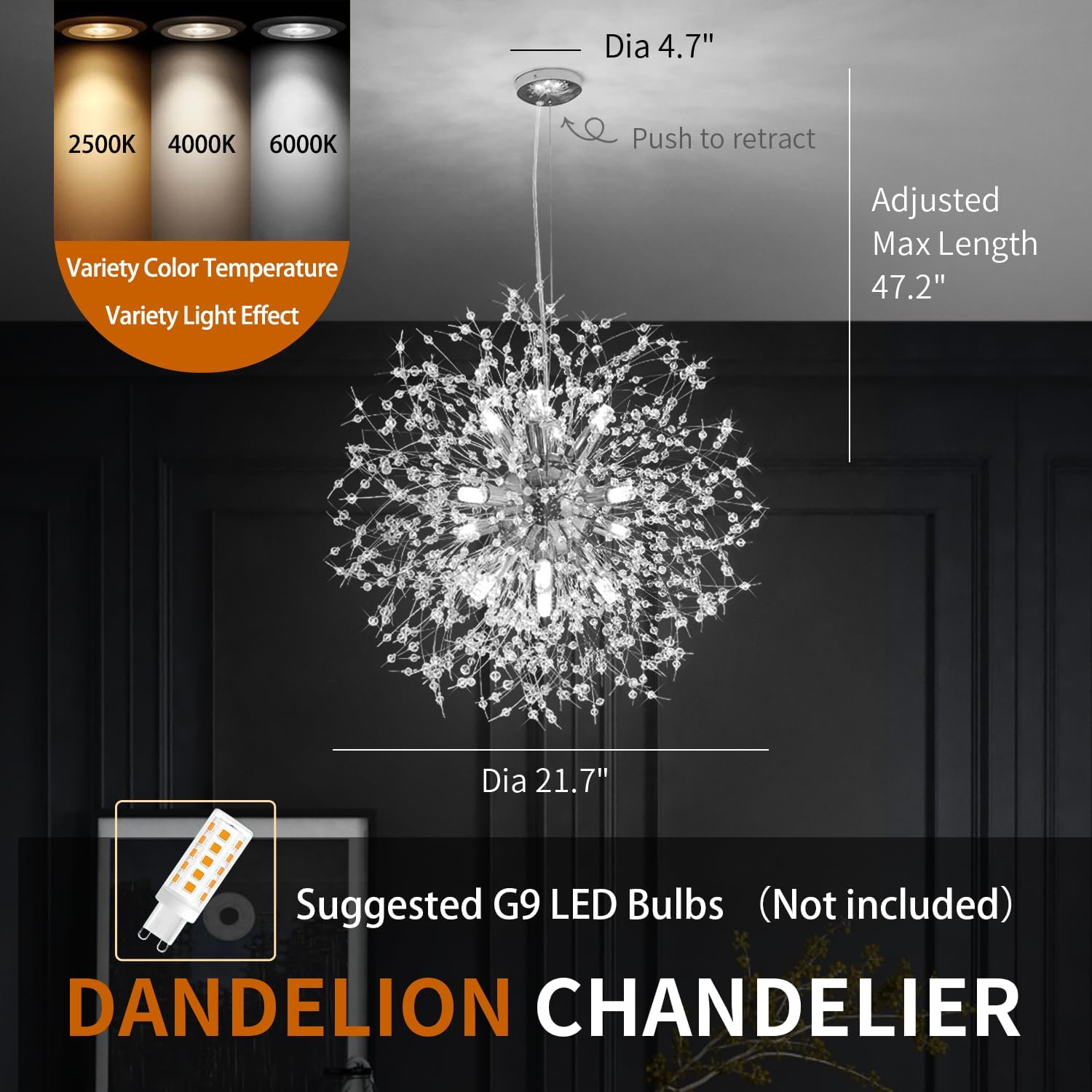 Crystal Chandelier, Firework Modern Beaded Chandeliers, Dandelion Chrome Pendant Lamp, Hanging Lighting Fixture for Bedroom, Dining Room, Kitchen, Farmhouse, Hallway, Foyer, 22" Chrome 12 Lights