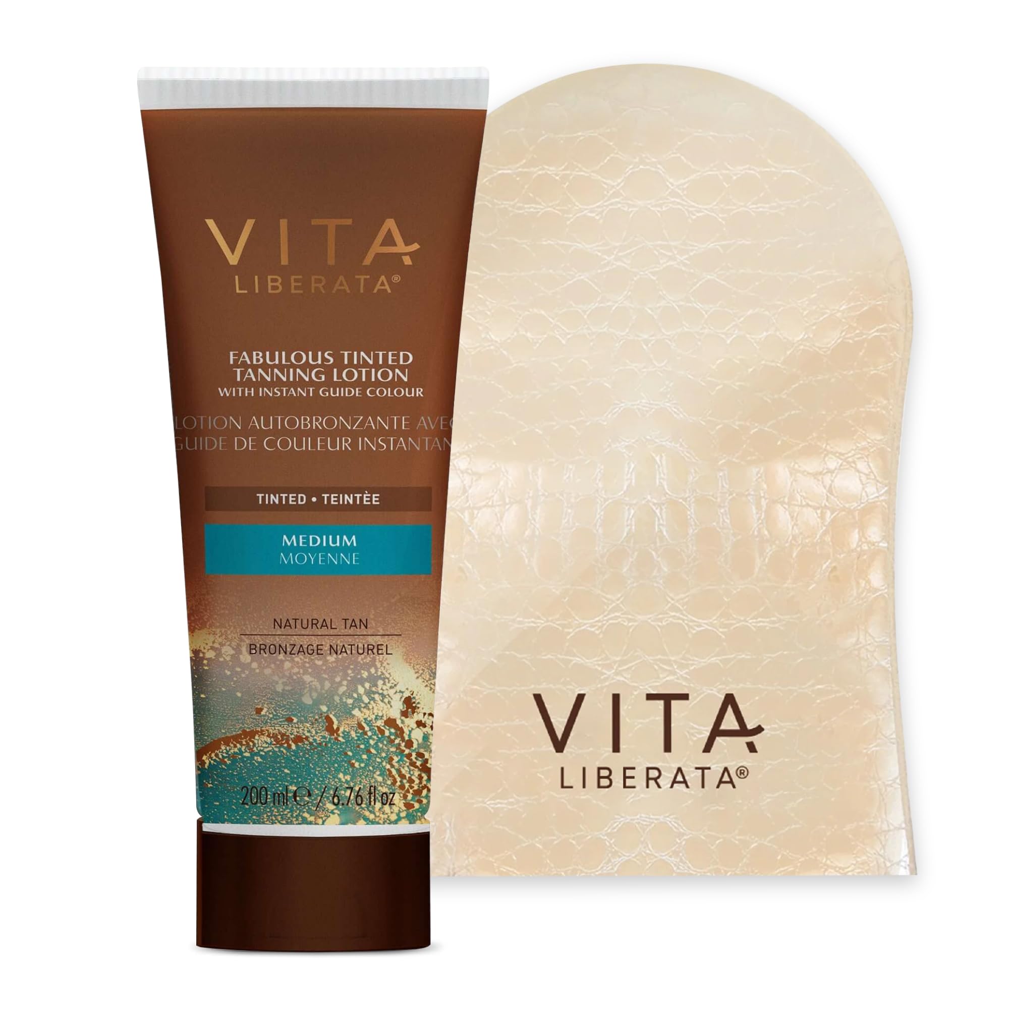 VITA LIBERATA Tinted Tan Lotion Medium 200ml & Mitt Bundle, Hydrating Tanning Lotion, Sun-Kissed Tan, Designed for Face & Body Use, Tinted, Lasting Tan, Streak Free Blend