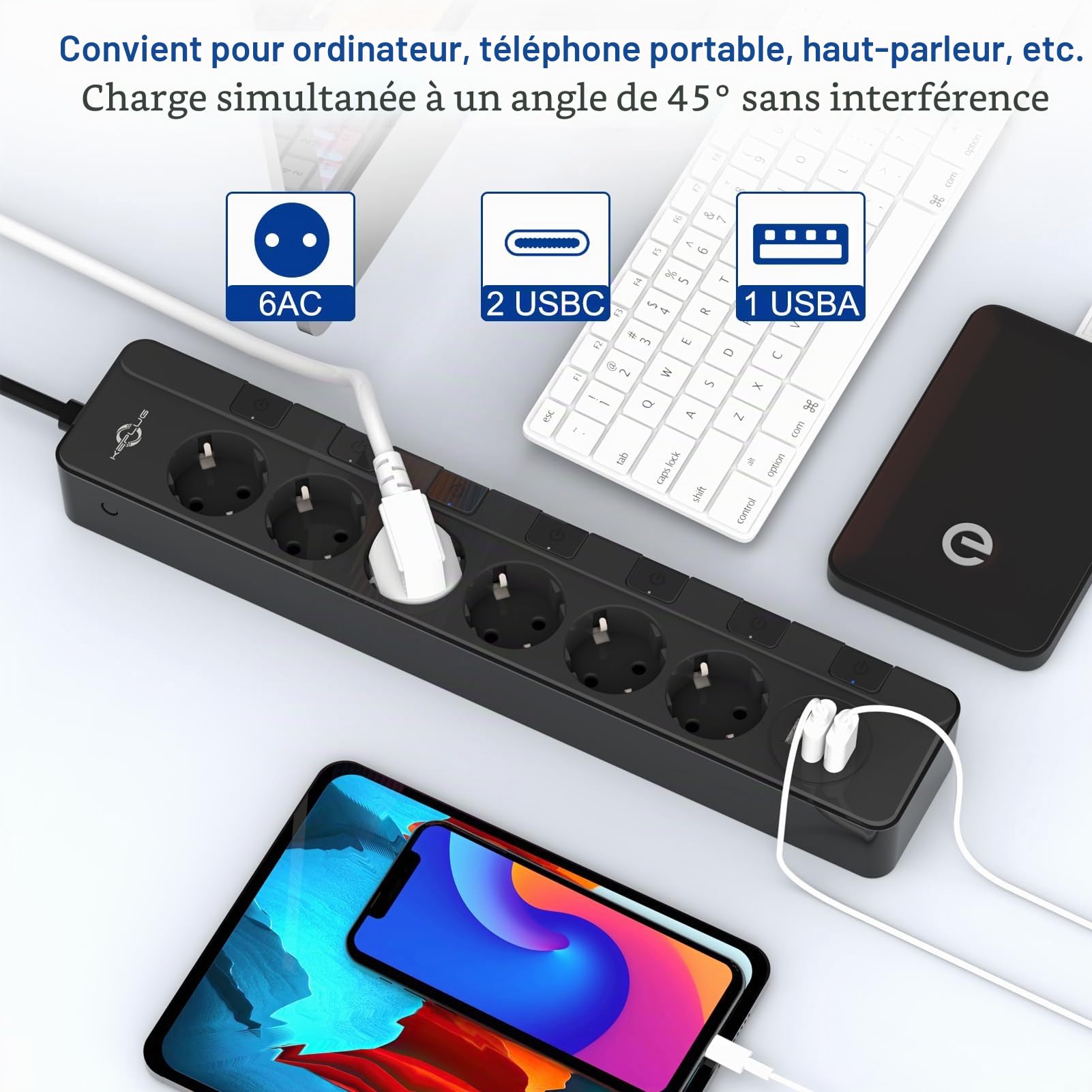 Multiprise Electrique (4000W/16A), KEPLUG Prise Multiple avec Interrupteurs Individuels a 6 Prises et 3 Ports USB (2.4A), Multiprise Parafoudre 500J avec 2M Cordon pour Maison Bureau