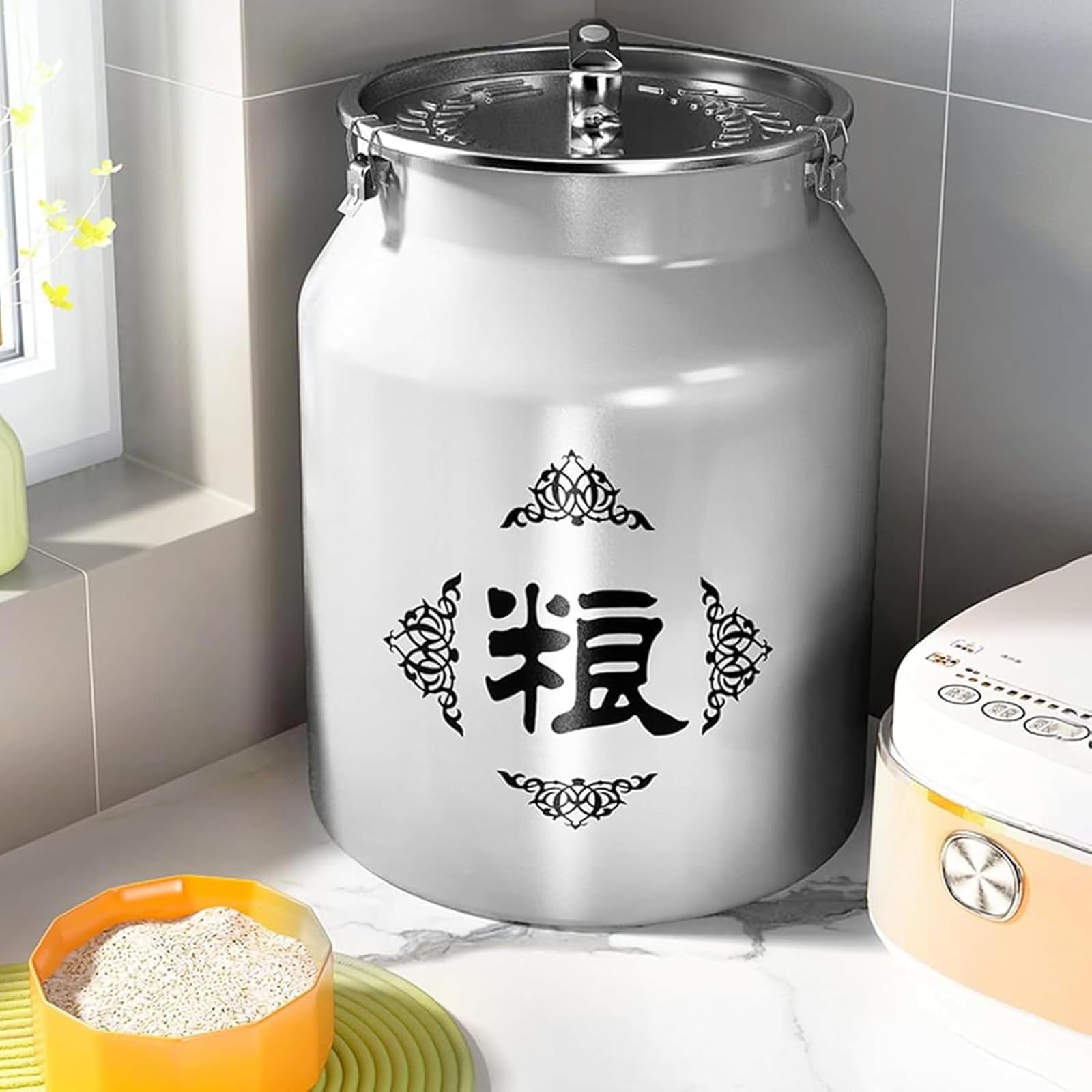GYKOZY Stainless Steel Rice Grain Can Container, 12L Large Capacity, Aluminum Alloy Household Rice Storage Box, Stainless Steel Containers with Lids, for Cereal Coffee Beans Milk