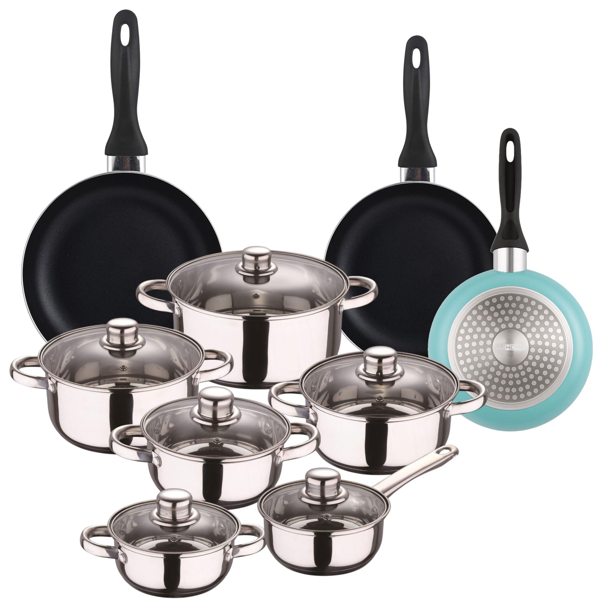Well Home Kochgeschirr-Set, 12-teilig, Edelstahl + 3 Pfannen, Ø 16 x 20 x 24 cm, Mattblau, aus gepresstem Aluminium