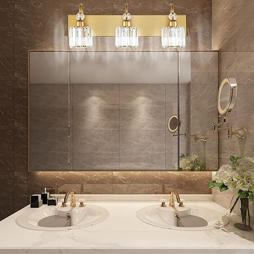 Miniatura 4 de Ralbay - Luces para tocador de baño doradas, 3 luces, de cristal dorado, modernas lámparas para usar sobre el espejo.