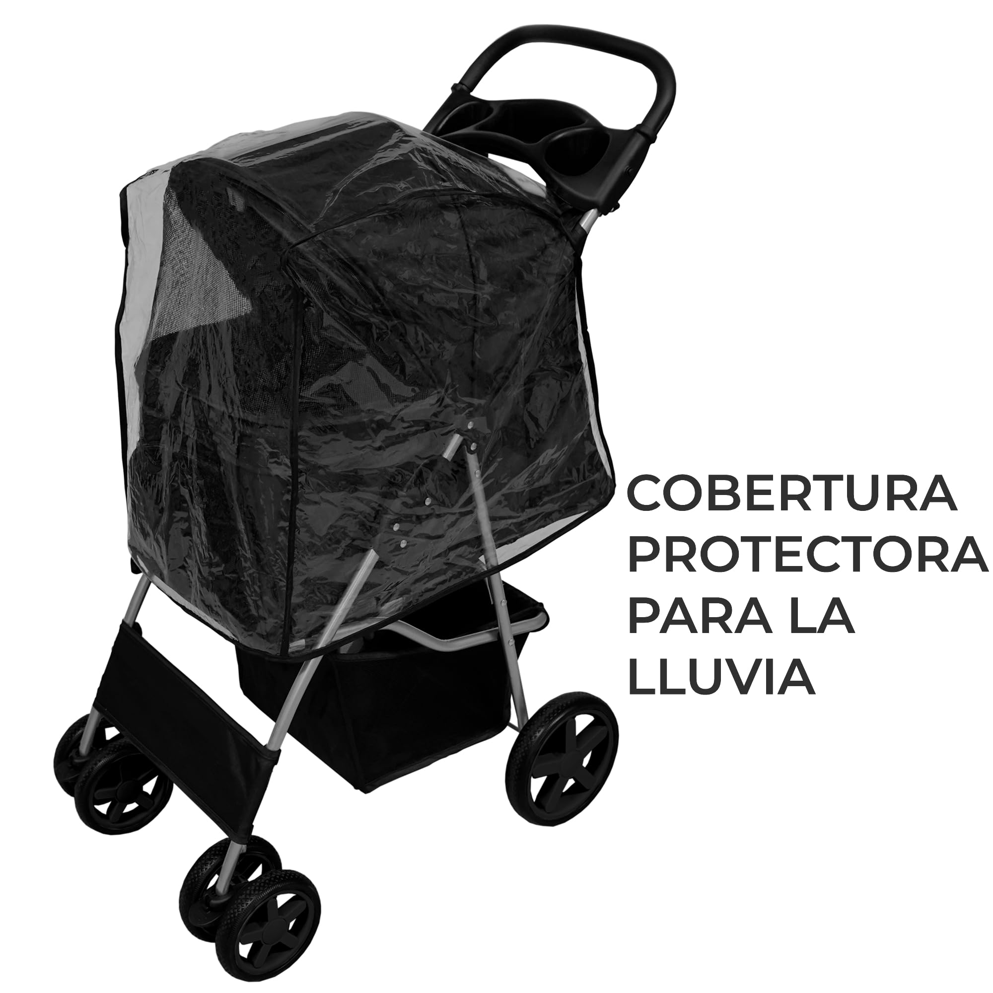 Cochecito Plegable para Mascotas NEGRO | Capacidad Carga 15kg | Correa de seguridad | Cesta Portavasos y Cubierta de lluvia GRATIS | Carrito de Viaje para Perros Gatos Pet Travel Stroller