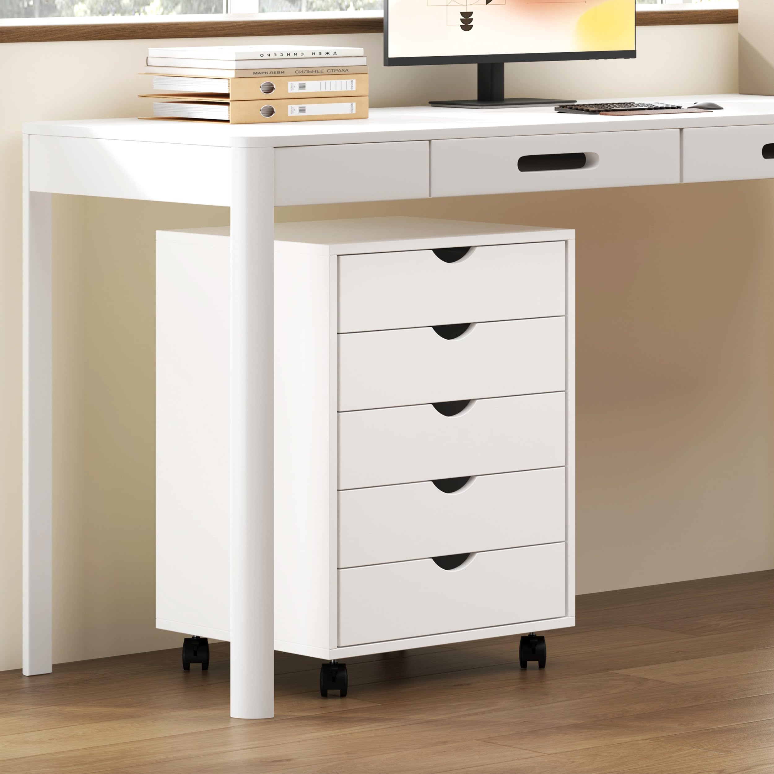 SDHYL Armario archivador vertical con ruedas de 5 cajones para oficina en casa, armario de almacenamiento debajo del escritorio, 5 cajones, color blanco