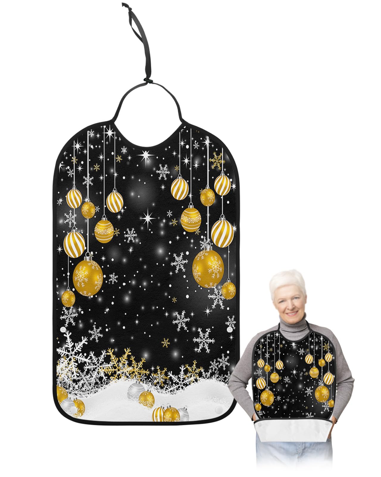 Adult Bibs for Elderly Women - Yellow Christmas Balls Waterproof Dining Clothing Protectors with Crumb Catcher for Eating/Feeding, Xmas Winter Snowflake Classic Black Terry Cloth Bib Machine Washable