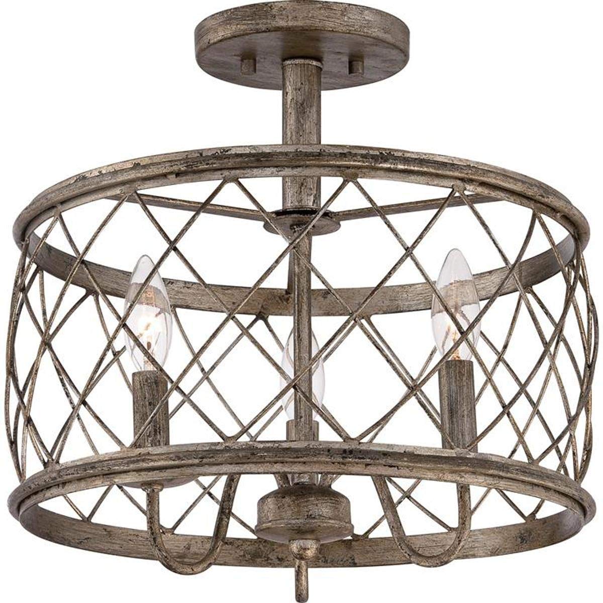 Dia15.57 Inch Trellis Cage Semi Flush Mount Ceiling Light - 3 Light Openwork Lantern Industrial Style Antique Mesh Wire French Country Lamp (Aged Silver)