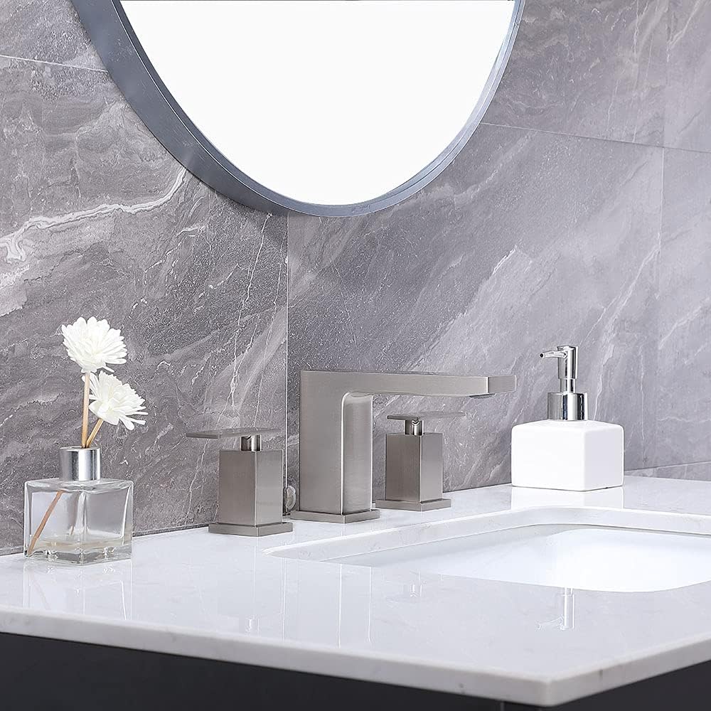 KINGO HOME Stainless Steel Widespread 3 Hole 2 Handle Brushed Nickel Bathroom Faucet, Modern Vanity Basin Sink Faucet