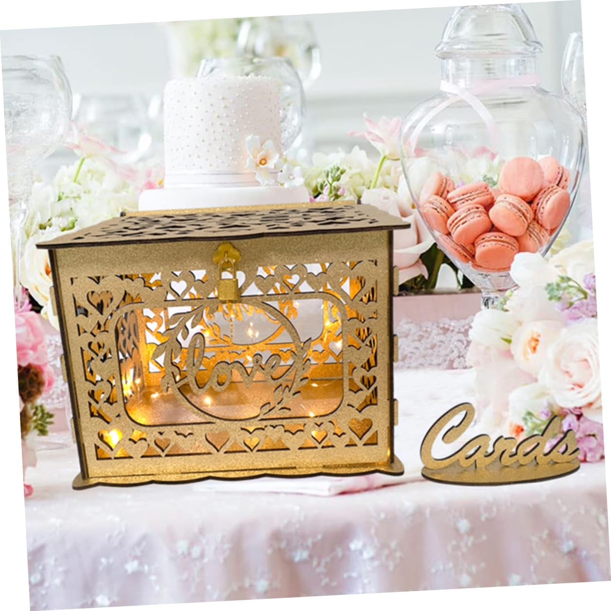 KALLORY Wood Hollow Greeting Card Box with Glitter for Wedding Anniversary and Birthday Wooden Hollow Card Holder and Envelopes Wedding Reception Keepsake Storage Box