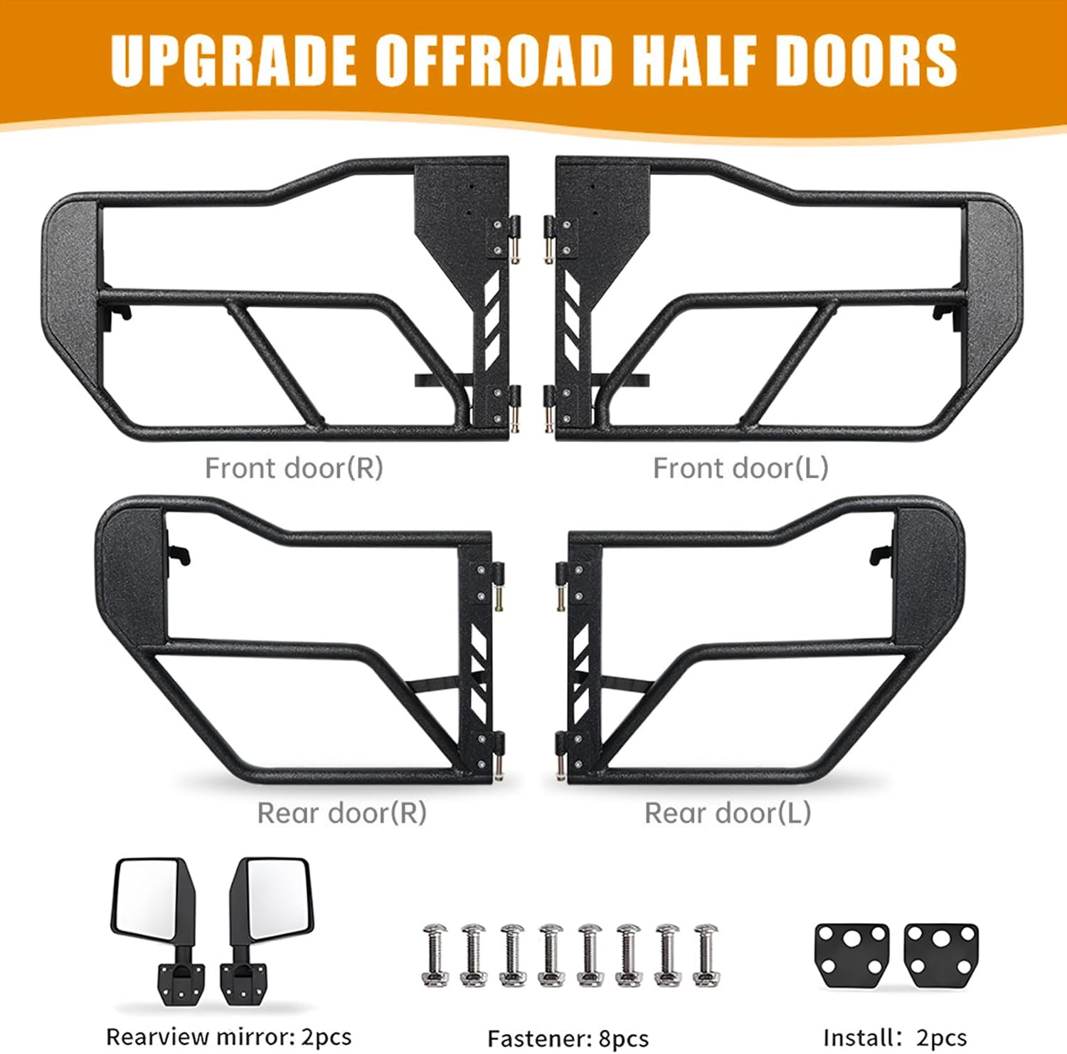 Front & Rear Steel Tube Doors with Mirrors for 2018-2024 Jeep Wrangler JL JLU Gladiator JT 4-Door, Sturdy Off Road Trail Half Door Kit, Anti-Rust Textured Metal Tubular Body Armor, 4-Pack, Black
