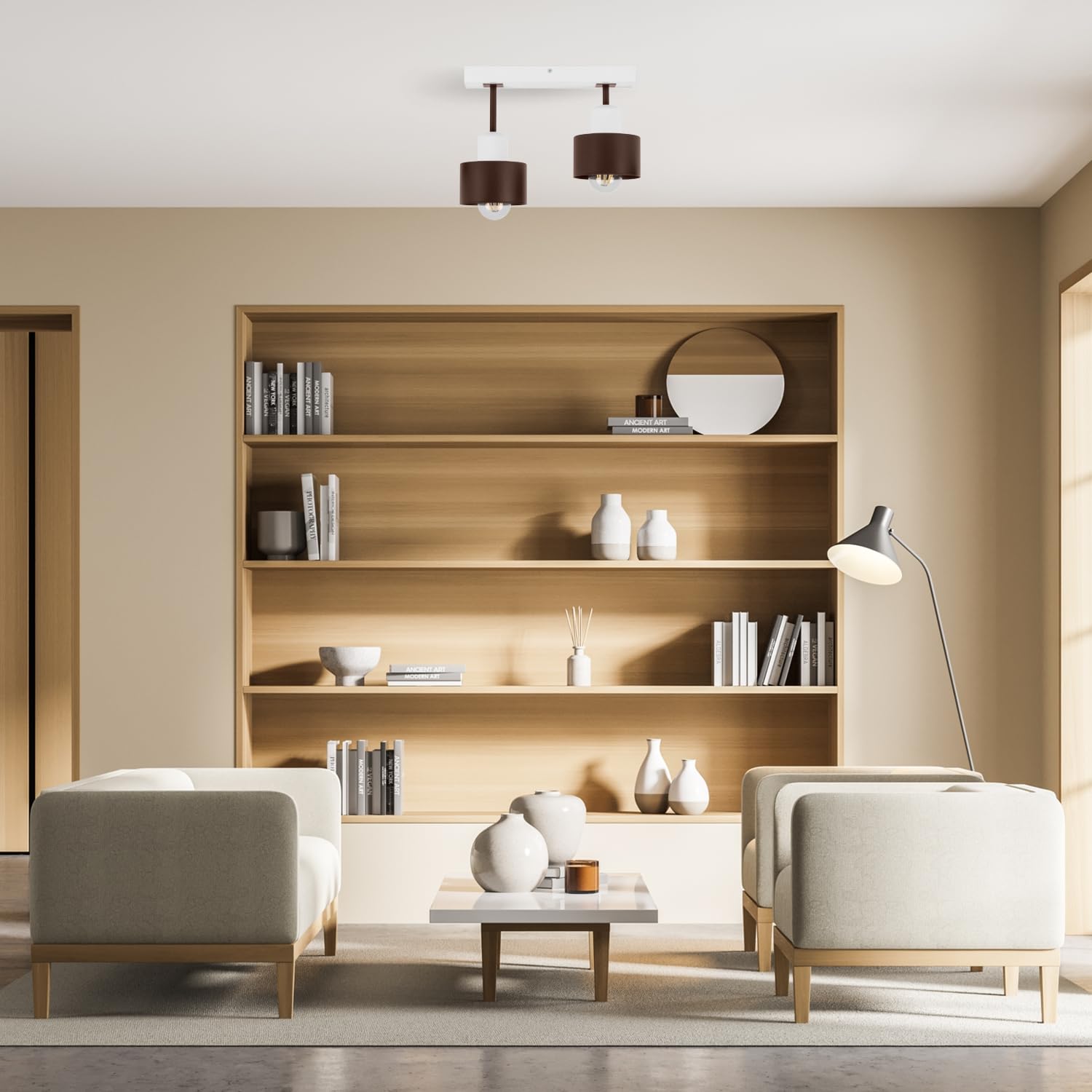 Lámpara de techo LED suspensión para sala de estar cocina dormitorio moderno metal y madera haya, 2 pantallas BR30x7WE