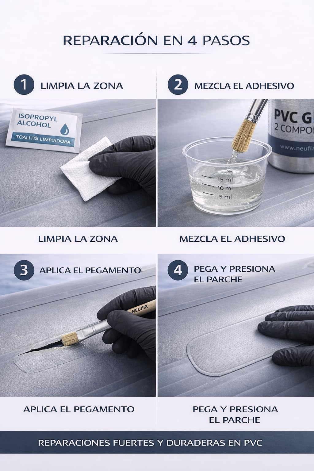 Kit Reparación PVC Profesional – Pegamento PVC 2 Componentes para Zodiac, Paddle Surf, Kayak y Hinchables – Incluye Parches, Pincel, Vaso, Guantes y Toallita (125 ml)