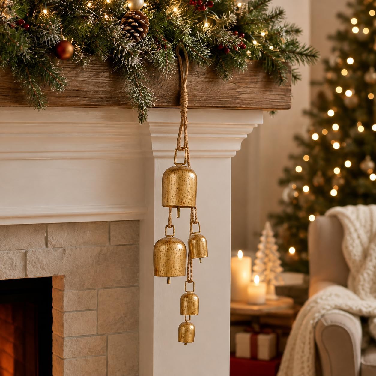 Christmas Bells with Rope Hanger, Vintage Gold Metal Chime for Tree Decor