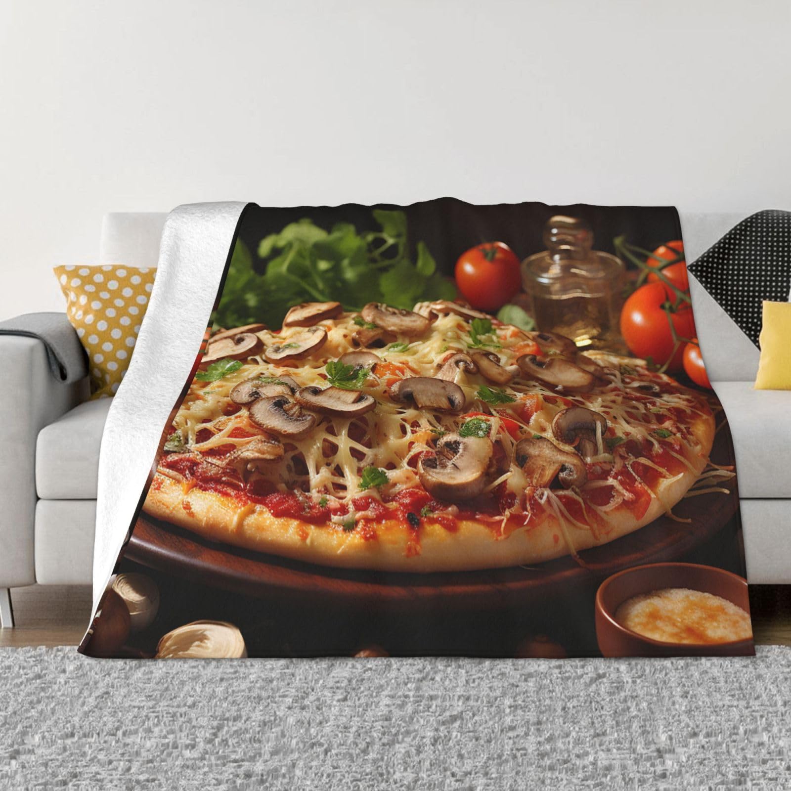 Pizza with mushrooms tomatoes Throw Blanket 50"x40" Flannel Fluffy Warm Blanket for Couch, Reversible Plush Blankets for Bed, Comfy Fuzzy Blanket for Sofa, Plush Lightweight-Blankets for All Season
