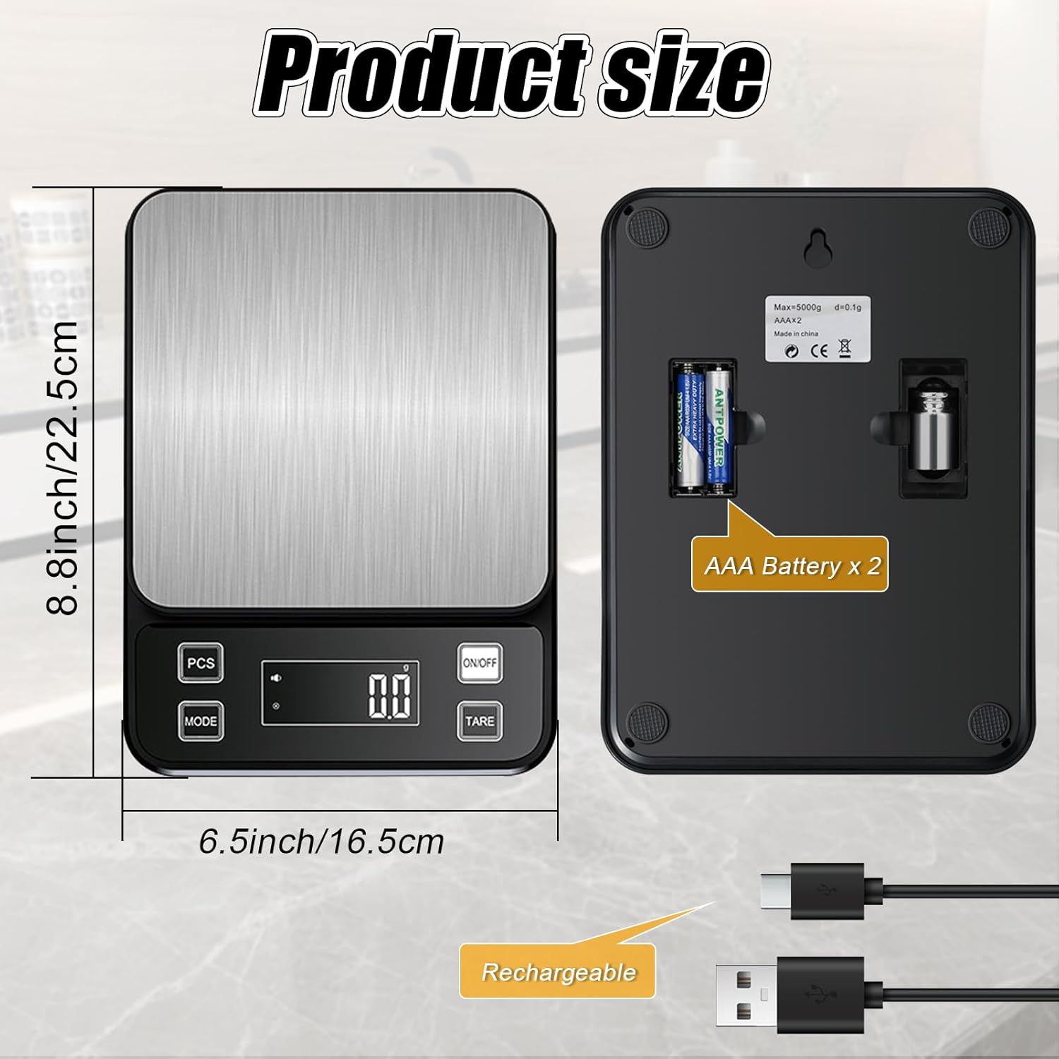 Waterproof Kitchen Scale, 10kg/22lb Food Scale Precisely Measures Grams and Ounces for Baking and Cooking, Stainless Stee Digital Scale with Backlight for Food