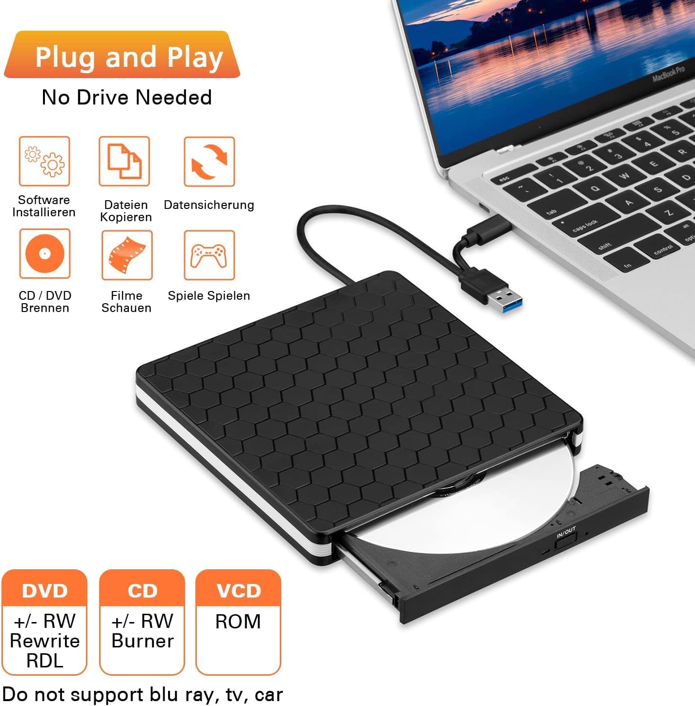 Amicool BT686 Napęd DVD, USB 3.0 Type-C CD DVD +/-RW, Czarny