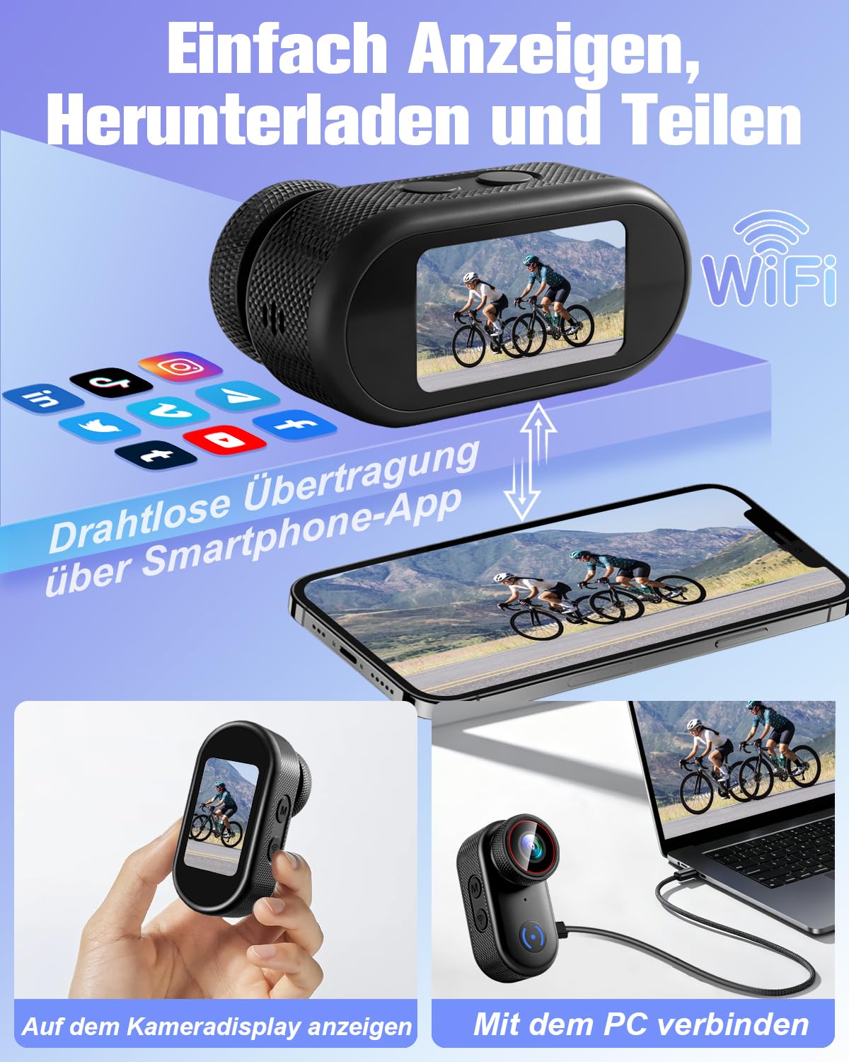 Action Cam 4k, WiFi Bodycam Mini Körperkamera Actionkamera 120° Weitwinkel, Helmkamera Motorrad 150 Min Akkulaufzeit, POV Kamera Sportkamera, Radfahren, Motorradfahren, Reisen, Haustiere und Vlogging