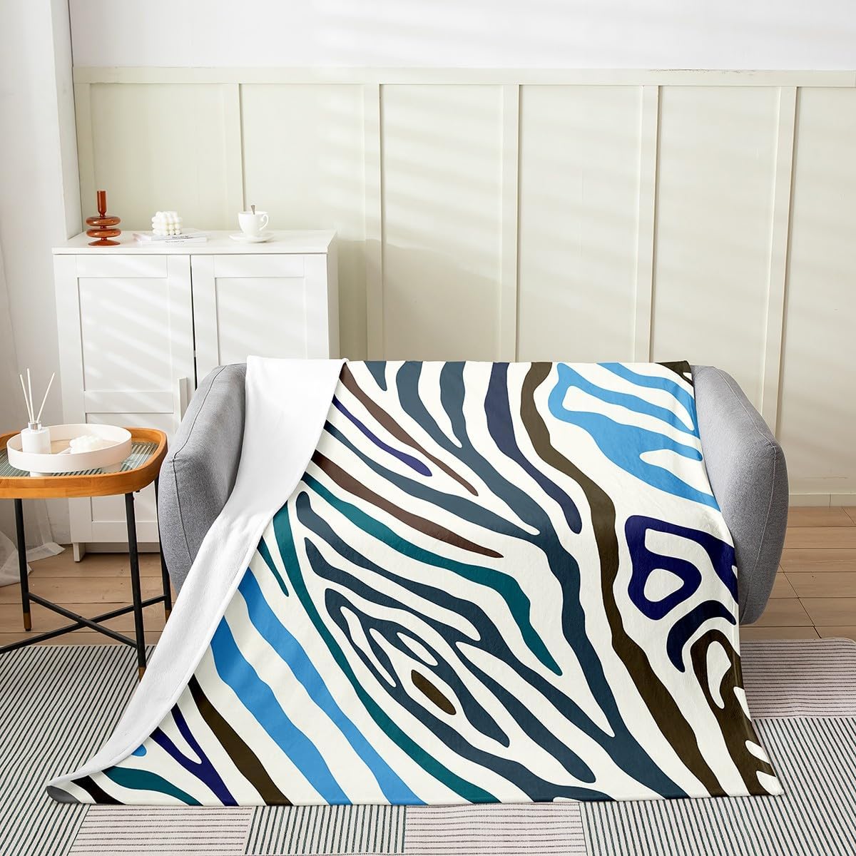 Castle Fairy Zebra Print Throw Blanket Blue Brown Stripes Lines Modern Fleece Blanket for Kids Teens Adults Wild Animal Skin Print Rustic Style Flannel Blanket for Office Chairs Car Twin 60x80