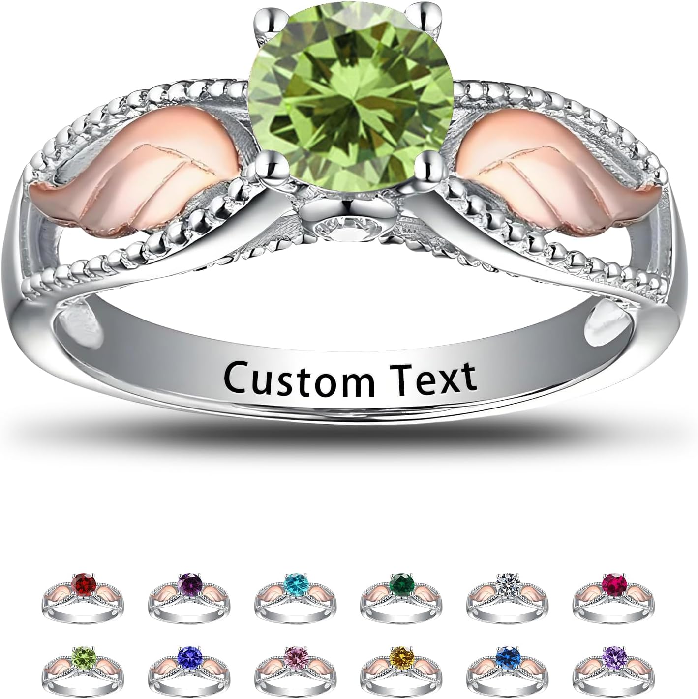 Personalized Hug From Heaven Angel Wings Birthstone Ring, Custom Engraved Name Hug Rings, Memorial Jewelry Birthstone Rings for Women Memorial Birthday Gifts