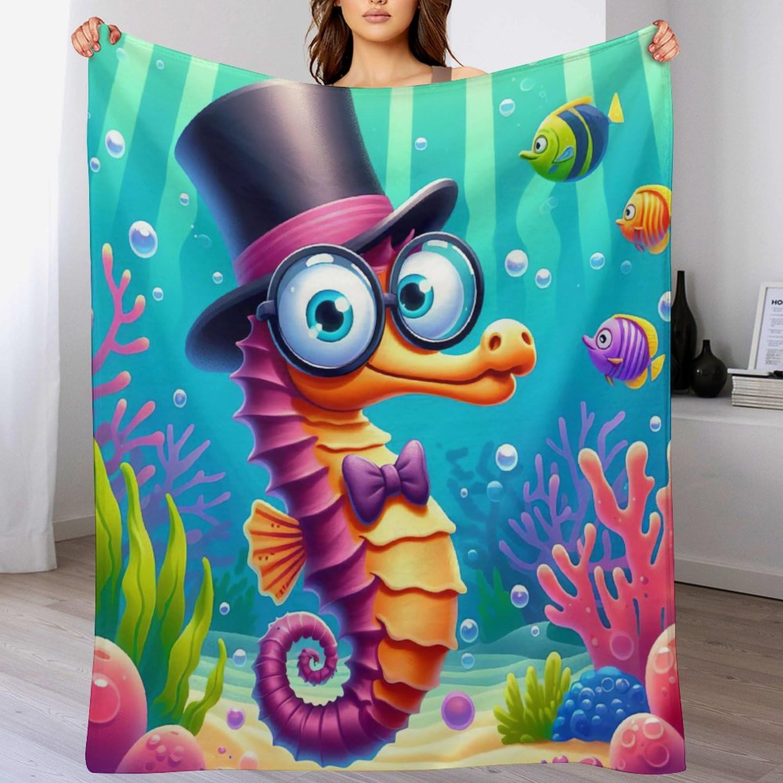 Manta de franela de caballito de mar de 130x180 cm para sofá o colcha