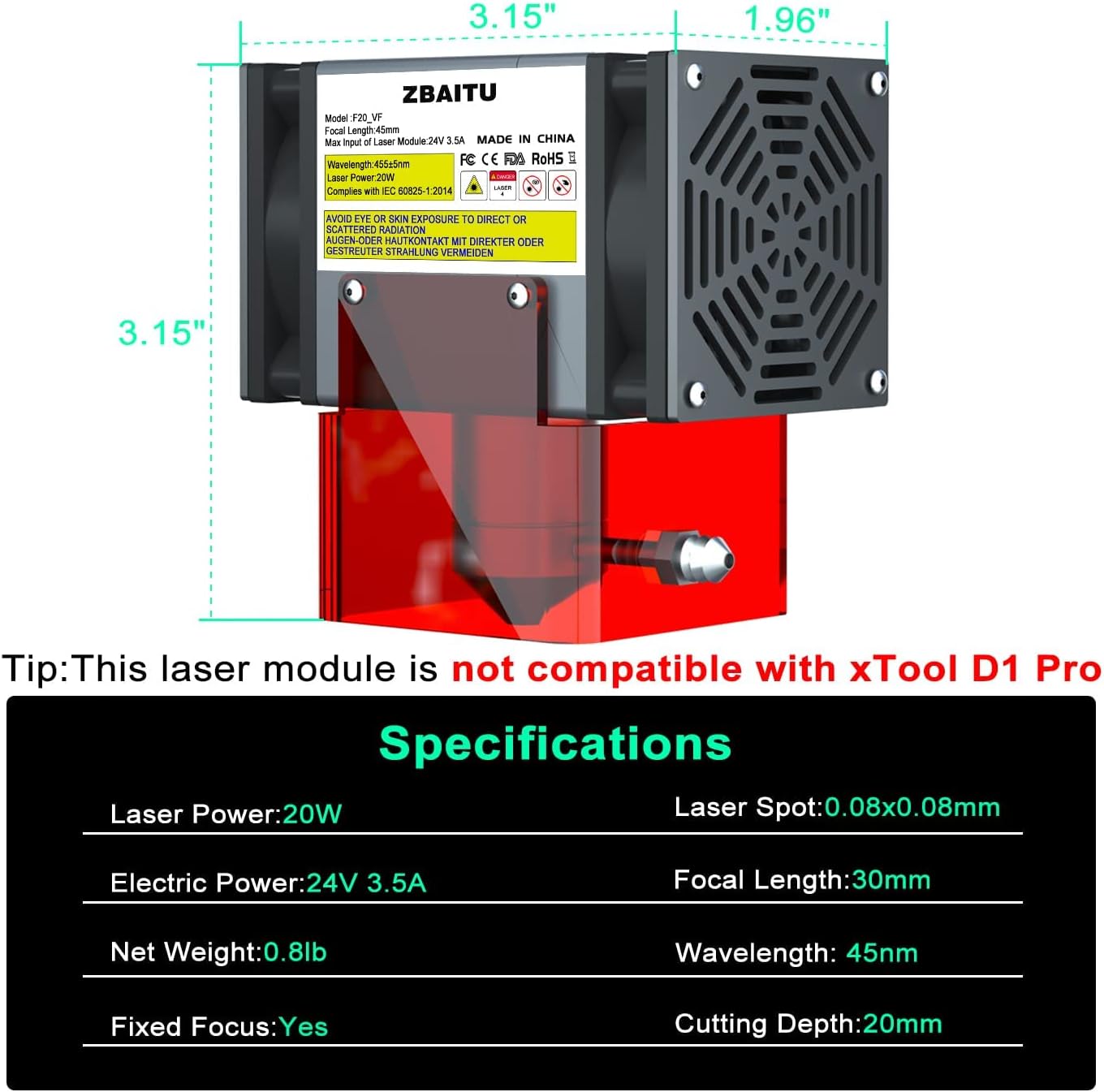 Dimensions and specifications of the ZBAITU F20-VF laser module