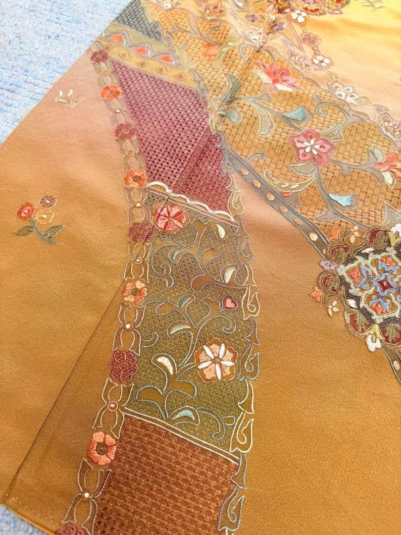 高級 訪問着 正絹 袷 汕頭刺繍 蘇州刺繍 相良刺繍 中国刺繍 マスタード