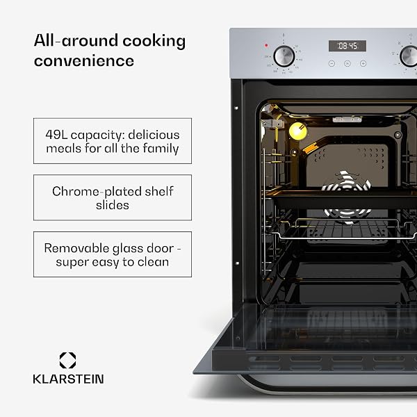 Klarstein SmartSlim Built-in Oven - 49L Electric Oven with 9 Functions, Digital Timer, Steam-Cleaning, Removable Glass Door, Black Tempered Glass, Energy Class A, 45cm - 3