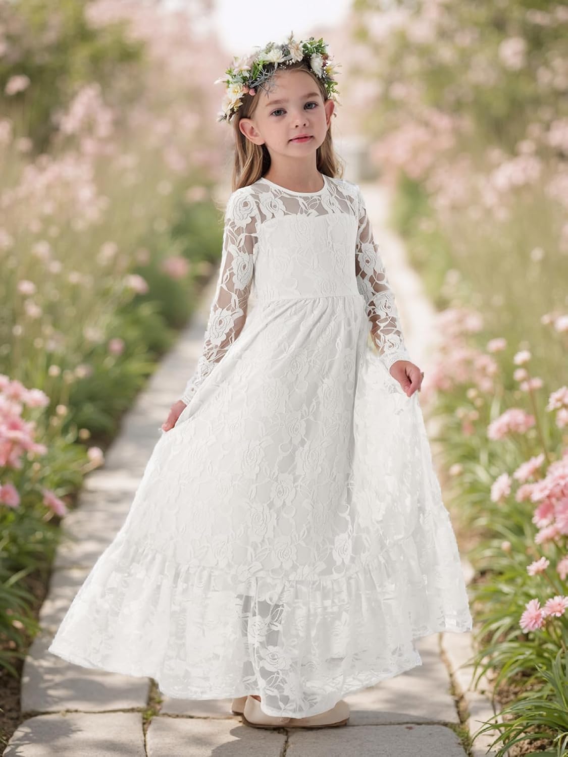 ALLOVIN Toddler & Girls Spring Graduation Lace Flower Girl Dress for Wedding Baptism First Communion Maxi Boho A-Line 3-12Y