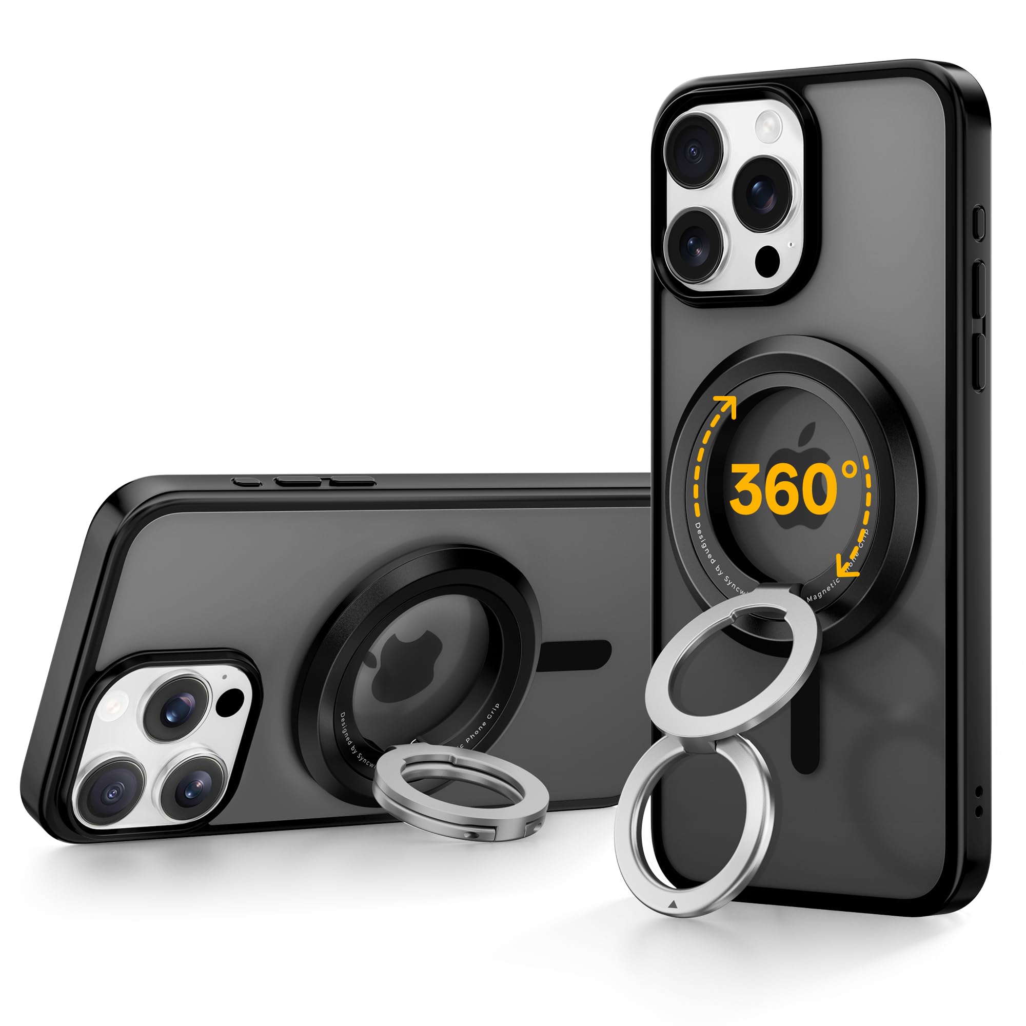 SYNCWIRE for MagSafe Ring Phone Holder, 360° Rotation Magnetic Cell Phone Grip Dual-Sided Magnets Phone Ring Kickstand Compatible with iPhone 16 15 14 13 12 Pro Max MagSafe, Android, Samsung etc. Dual Ring-Black Dual ring