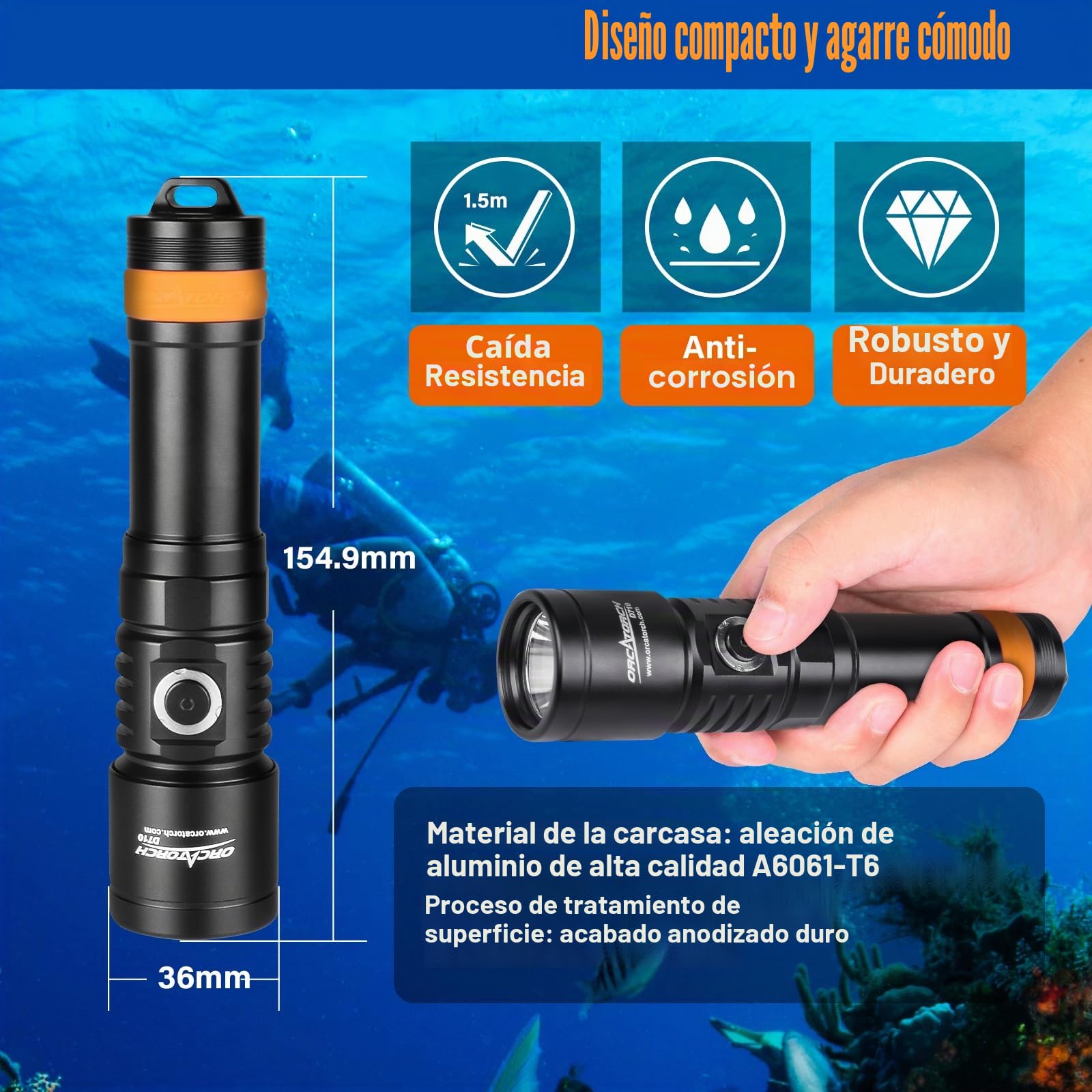 Orcatorch D710 Linterna Buceo, linterna submarina de 3000 lúmenes con haz estrecho de 6 grados, linterna de buceo nocturna impermeable IP68 con indicador de batería【Buceo subacuático de 492 pies】