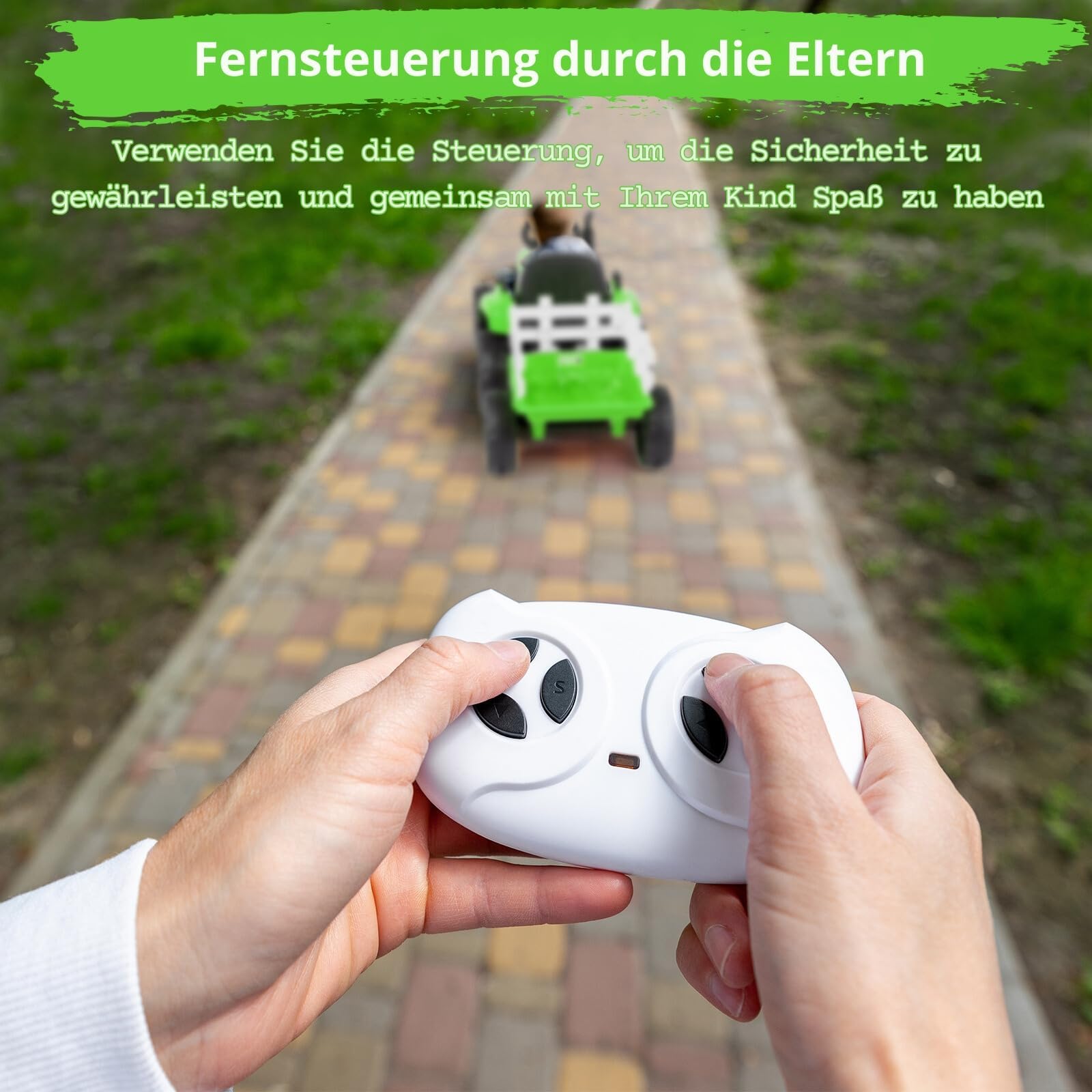 LEADZM 12V Traktor mit Anhänger, Kinder Aufsitztraktor mit LED-Lichtern, Musik, Hupe & USB-Funktionen, Abnehmbarer Anhänger