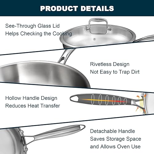 Miniatura 5 de EWFEN - Juego de sartenes de acero inoxidable de tres capas con tapa, sartenes de cocina de 8, 10 y 12 pulgadas, sartén sin PFOA y PTFE, sartén de