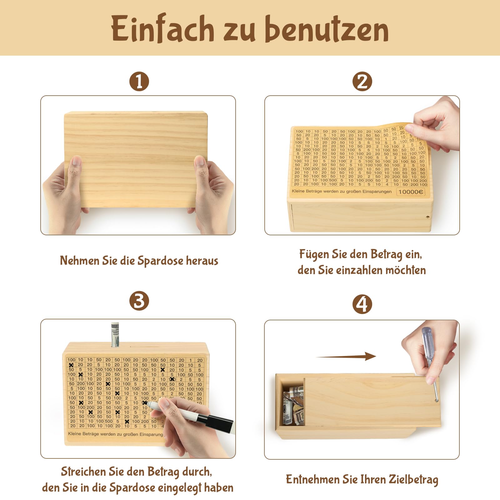 Bemaystar Spardose Holz, Großformatige Spardose Erwachsene für Kinder - Sparbox mit Zähler & Sparzielen für Münzen & Scheine - Ohne Montage Nötig (4 Sparziele von €1000 bis €10000)