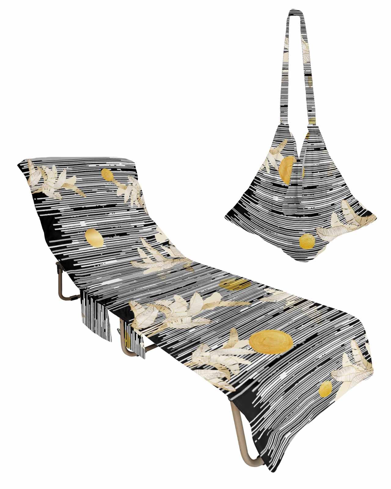 Black Beige Geometric Beach Lounge Chair Towel Cover, Soft Chaise Lounge Towel with Side Pockets Patio Pool Chairs Cover for Beach/Pool Sunbathing 29x85 Boho Modern Abstract Art