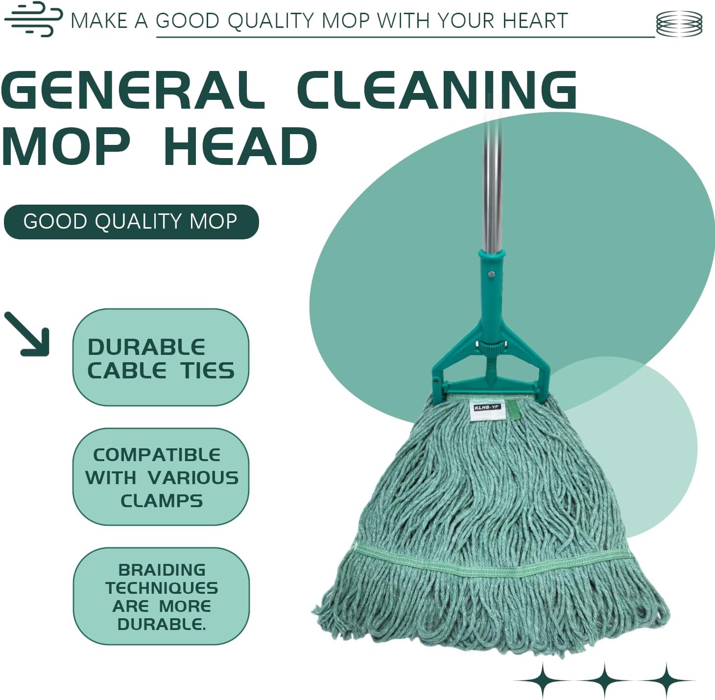 Commercial Cotton Mop Heavy-Duty Industrial with 2 Replacement Heads 152 cm Handle Replacement mop Head (Green)