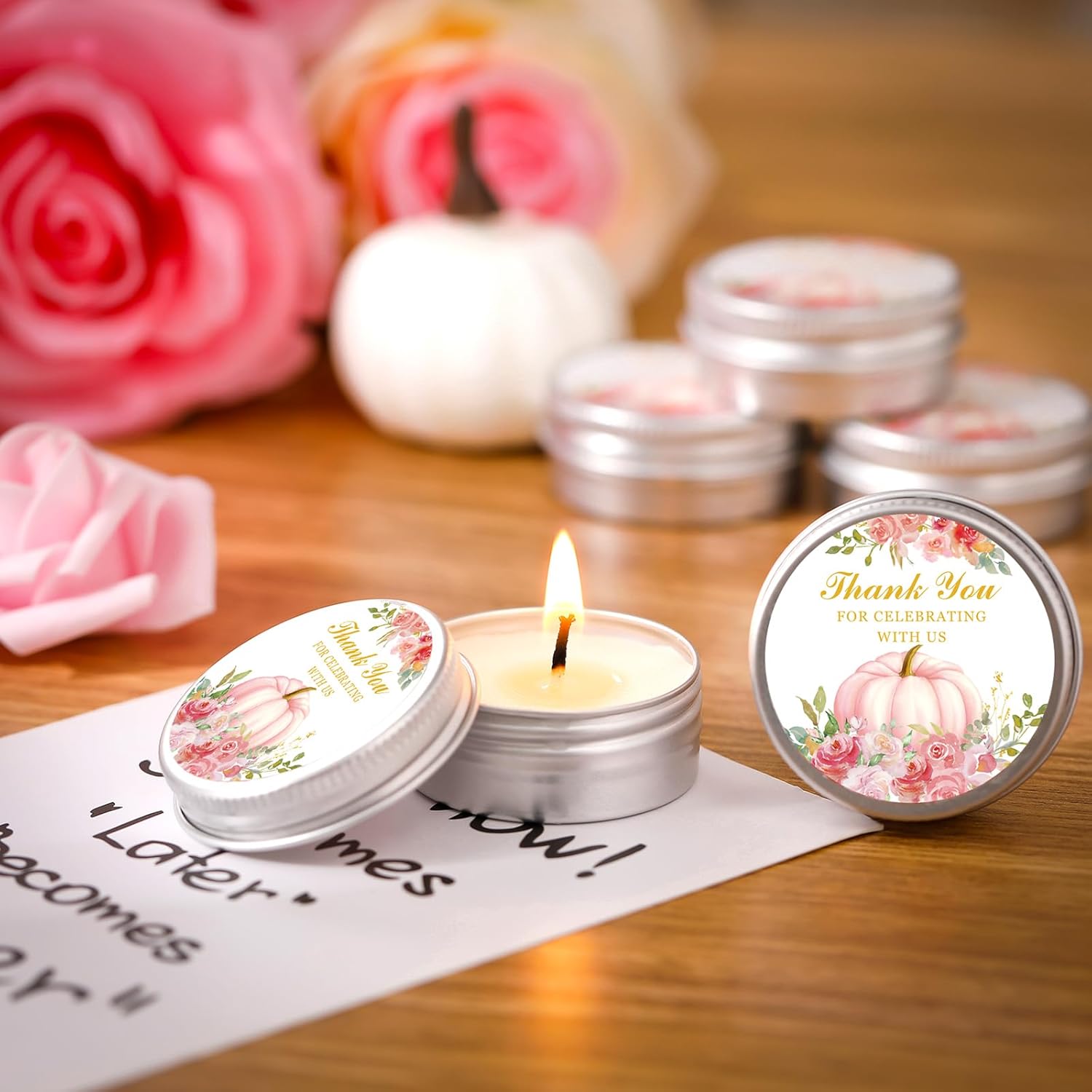 MTLEE 50 Pcs Little Pumpkin Baby Shower Favors - Lavender Scented Soy Wax Candles in Pink Travel Tins