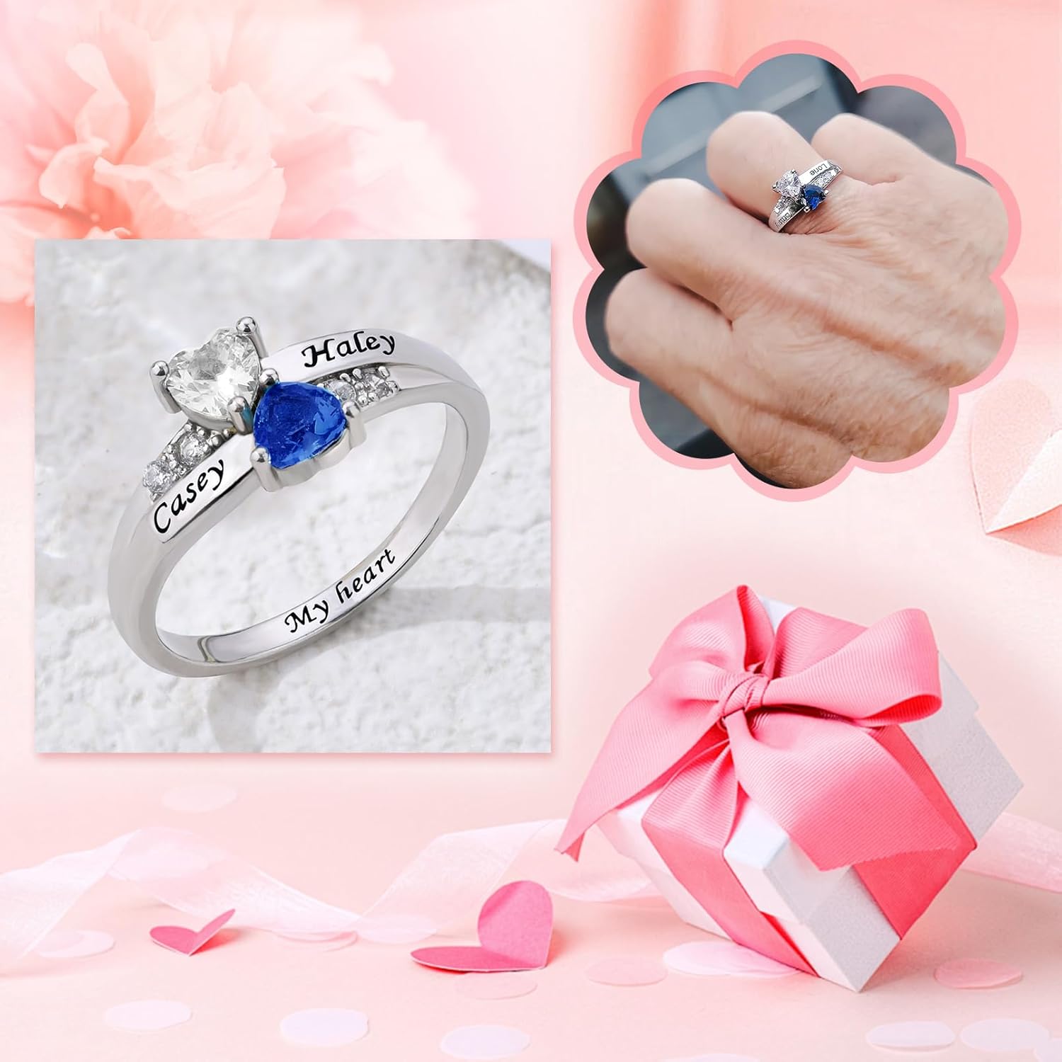925 Sterling Silver Personalized 2 Birthstones Rings Custom Heart Ring for Couple Free Engraving Promise Ring Engagement Ring for Women Gifts for Wife Girlfriend