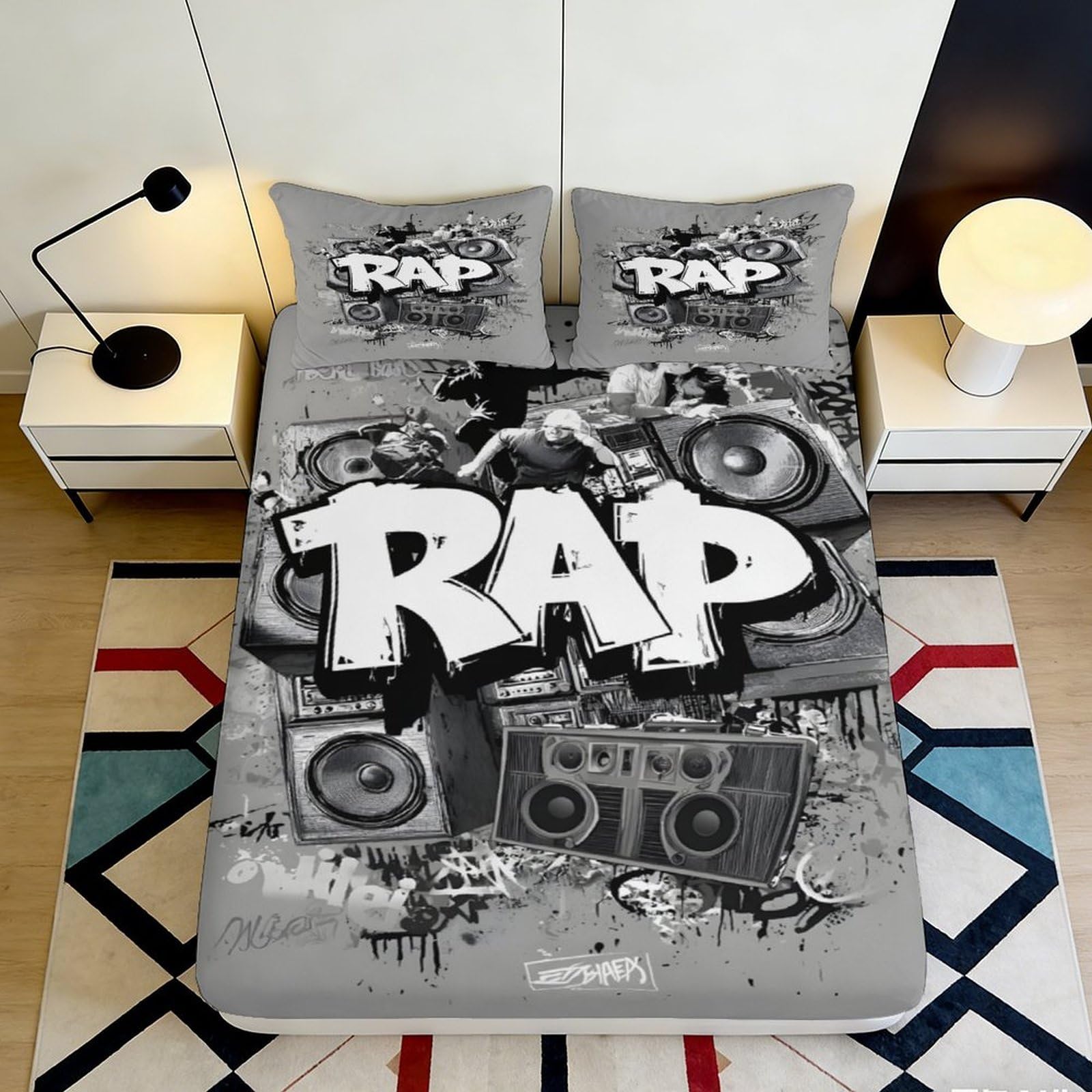 3D Printed Rap Music Fitted Sheet Microfiber Durable Soft 3D Printed Urban Graffiti Bed Cover for Bedroom Dormitory Guest Room Mattress Protection 140x200x25cm