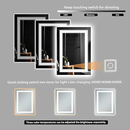 Miniatura 4 de Espejo de baño de 24 x 32 pulgadas con luces, espejo rectangular LED doble para montar en la pared con regulable, 3 colores, antivaho,