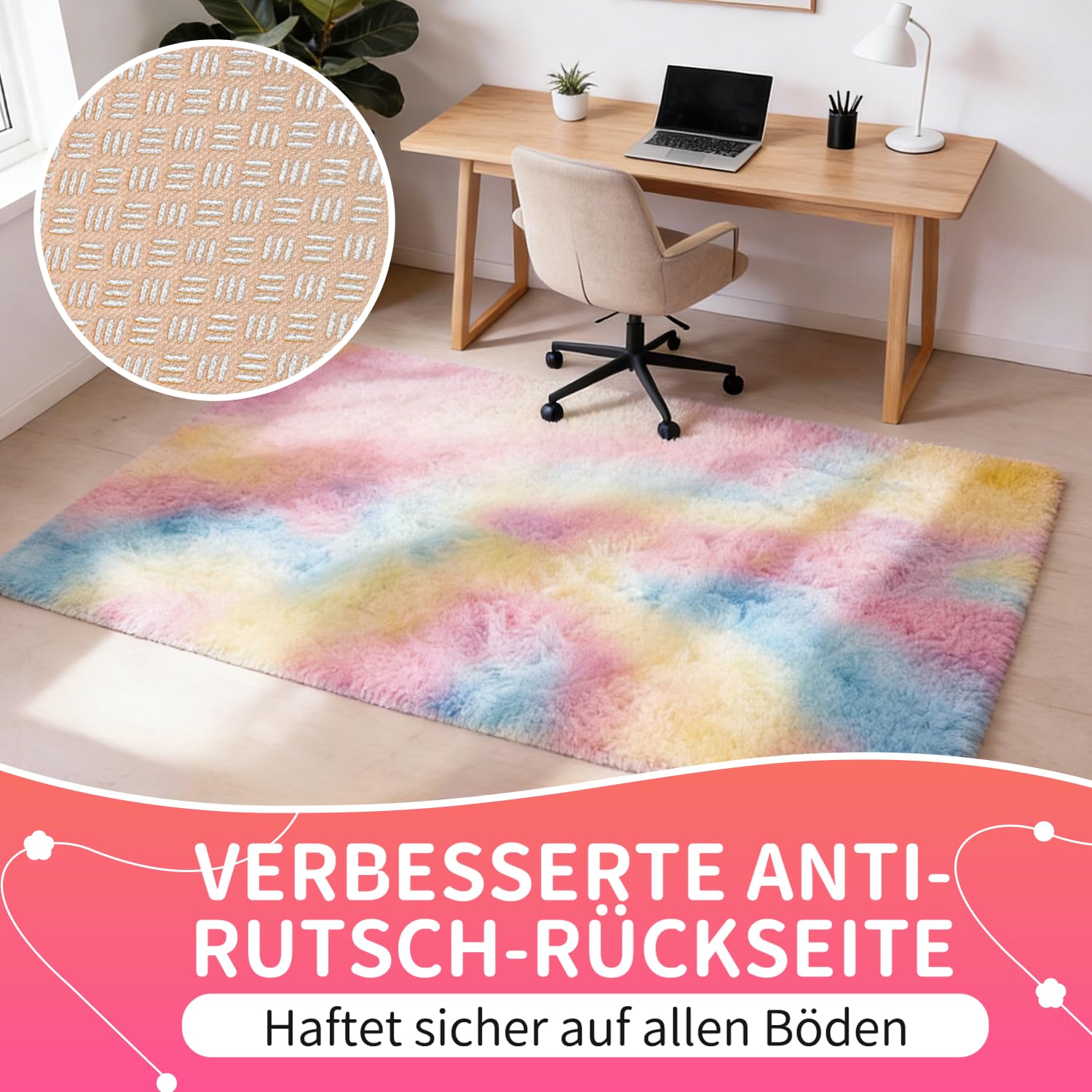 Teppich Kinderzimmer Rund 100 cm Regenbogen | Waschbar, Kinderzimmer Mädchen Junge, OEKO-TEX Zertifiziert, Schlafzimmer, Flauschig, Rutschfeste Unterseite