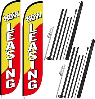 Preboun 2 Pcs Now Leasing Feather Flag Pole Kit 15 ft Red and Yellow Now Leasing Advertising Flags for Outside Real Estate Advertising Feather Banner with Pole Kit and Ground Stake for Business