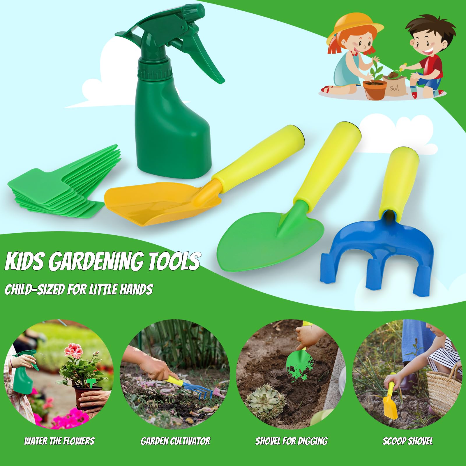 Magic4U Kids Gardening Tools Set, 22 Pcs Metal Garden Tools Toys with Apron, Gloves, Wood Handle Shovel, Rake, Hoe and Leaf Rake, Outdoor Digging Toys Gifts for Kids Age 3+ - Image 4