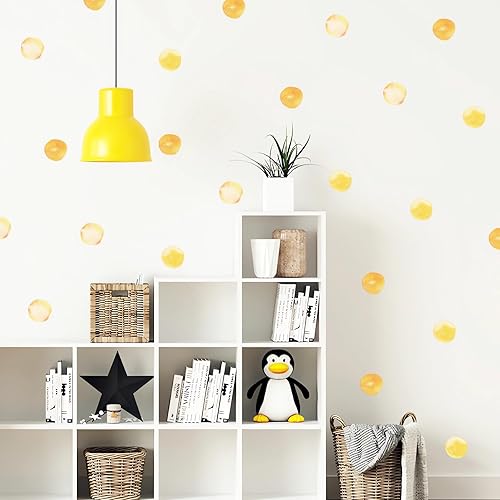 Miniatura 5 de sacinora - 7 hojas de 84 calcomanías de pared de lunares de acuarela amarilla brillante dorada, calcomanía de pared de arte circular extraíble de