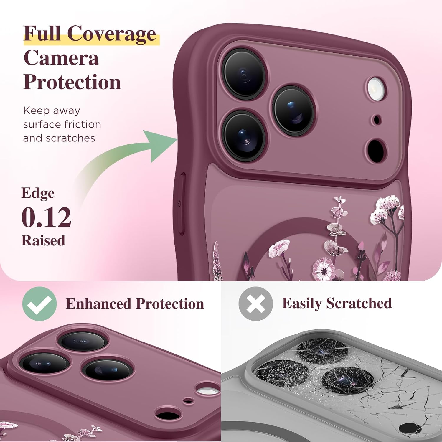 GVIEWIN for iPhone 17 Pro Max Case Compatible with MagSafe [Curly Wave Edge][Full Camera Protection] Floral Translucent Shockproof Magnetic Women Phone Case for 17 Pro Max, Floratopia/Burgundy