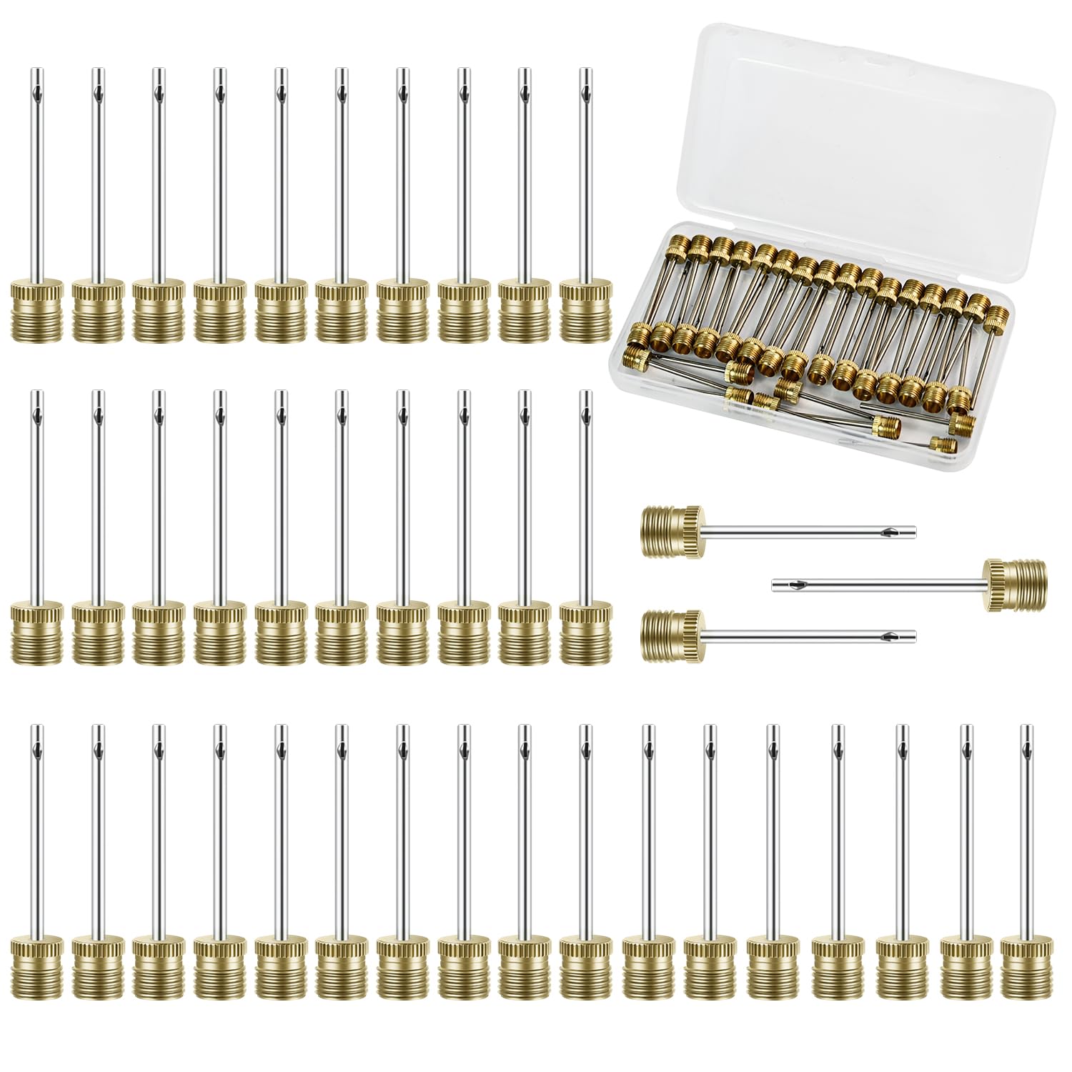 Quadafy 42 Pack Brass Ball Pump Needles with Storage Case - Heavy Duty No Break Air Pump Needles for Basketball, Hand Pump & Electric Pump, Stainless Steel Body