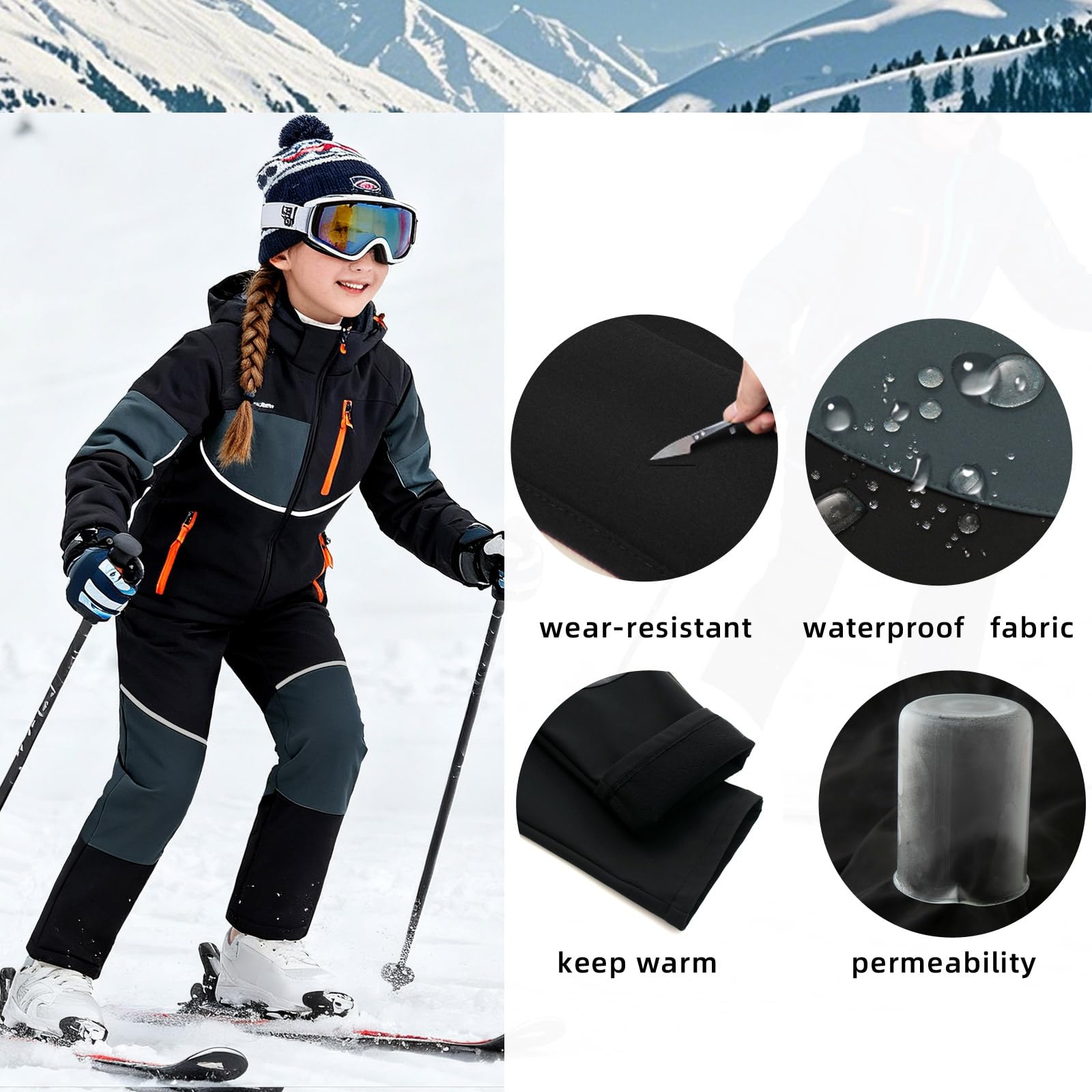 MEILONGER Pantalon de ski pour garçon et fille - Pantalon de ski - Pantalon de randonnée - Pantalon softshell - Coupe-vent - Chaud - Pantalon d'hiver - Pantalon thermique de trekking