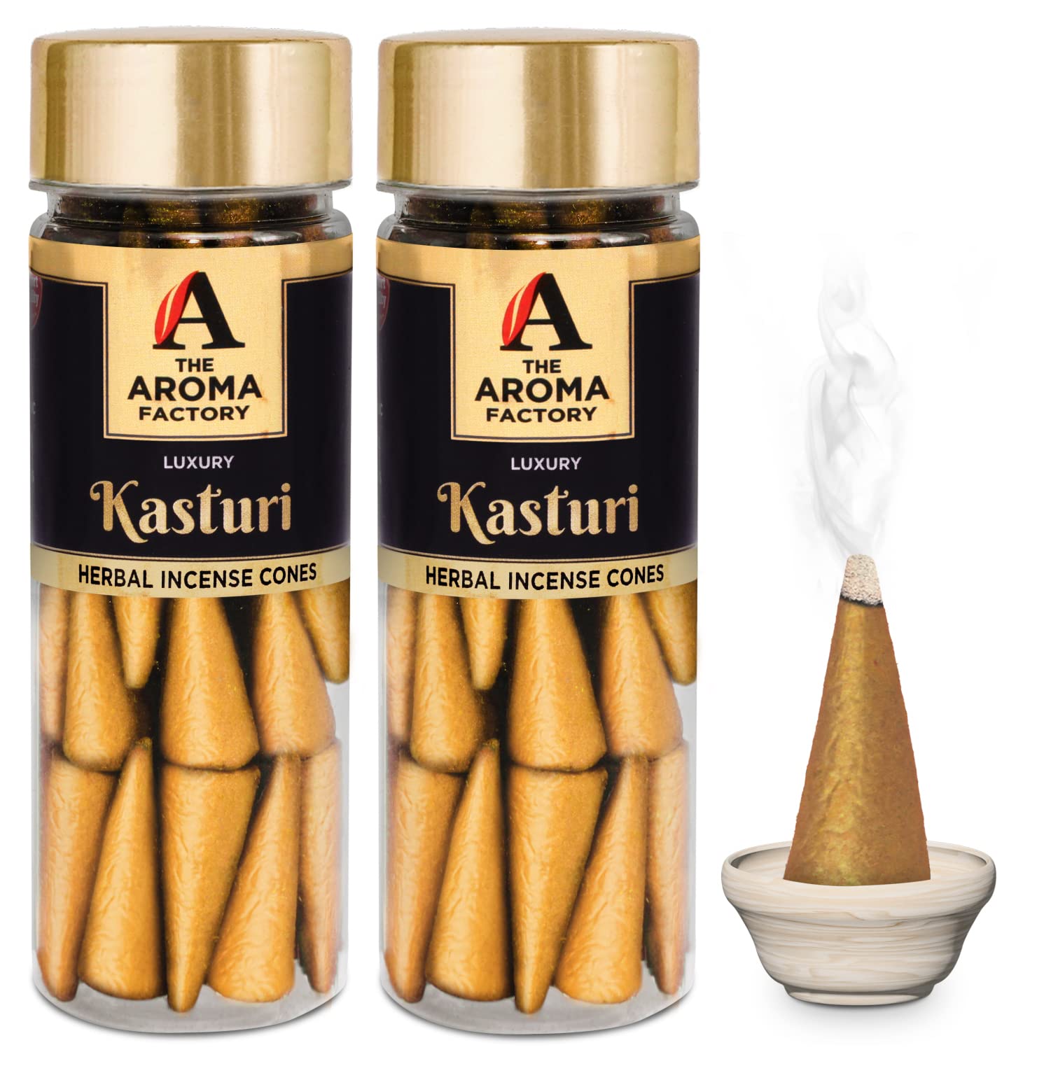 The Aroma Factory Kasturi Incense Cones – Pack of 2 Bottles with 30 Cones Each, 100% Natural & Pure Herbs, Non-Toxic, Zero Charcoal, No Black Smoke, Infused with Essential Oils for Home & Meditation