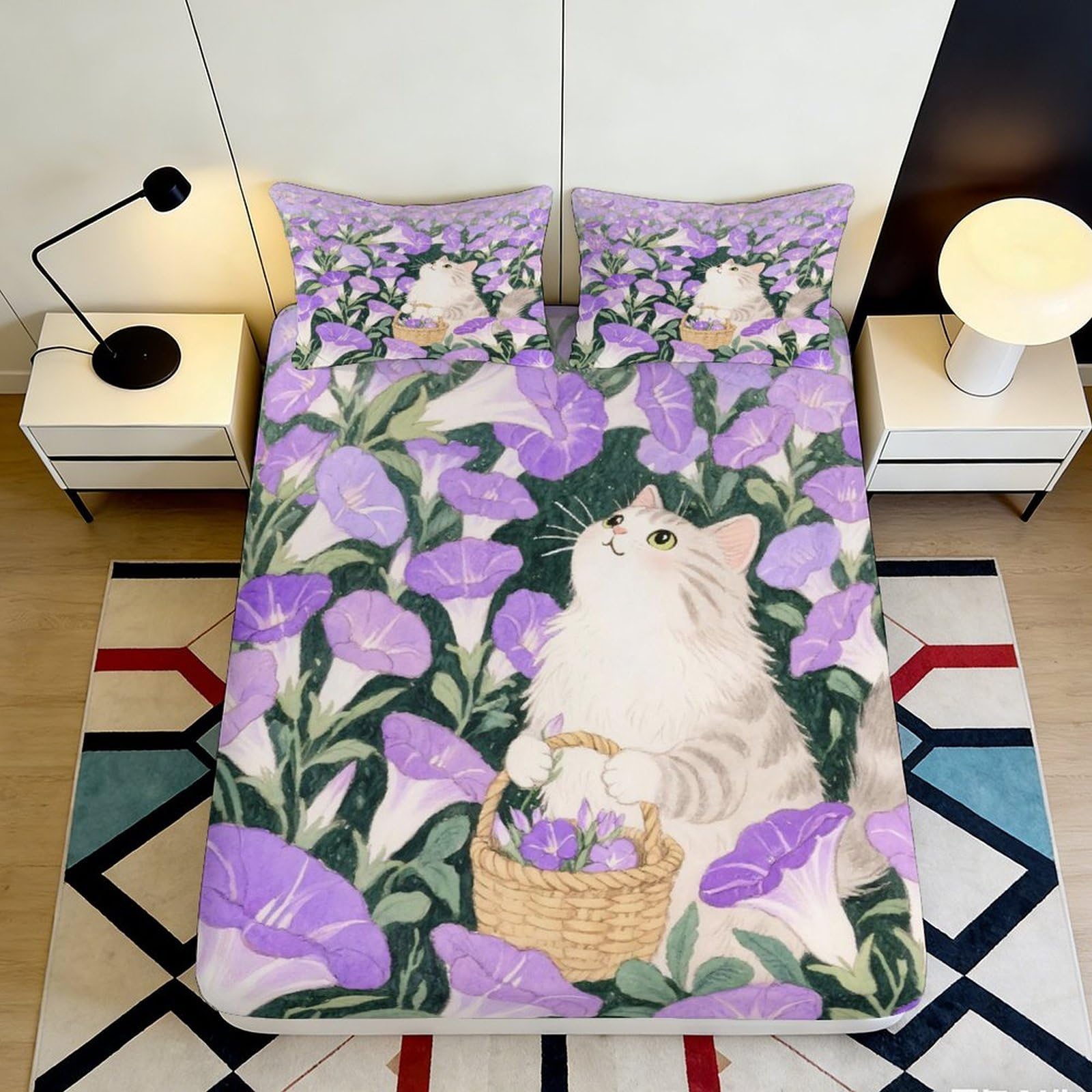 Uynsixtme Style-5 3D Printed Purple Floral Cat Fitted Sheet Microfiber Soft Deep Pocket Bedroom Bedding Purple Floral Cat Mattress Fitted Cover 90X200x25cm